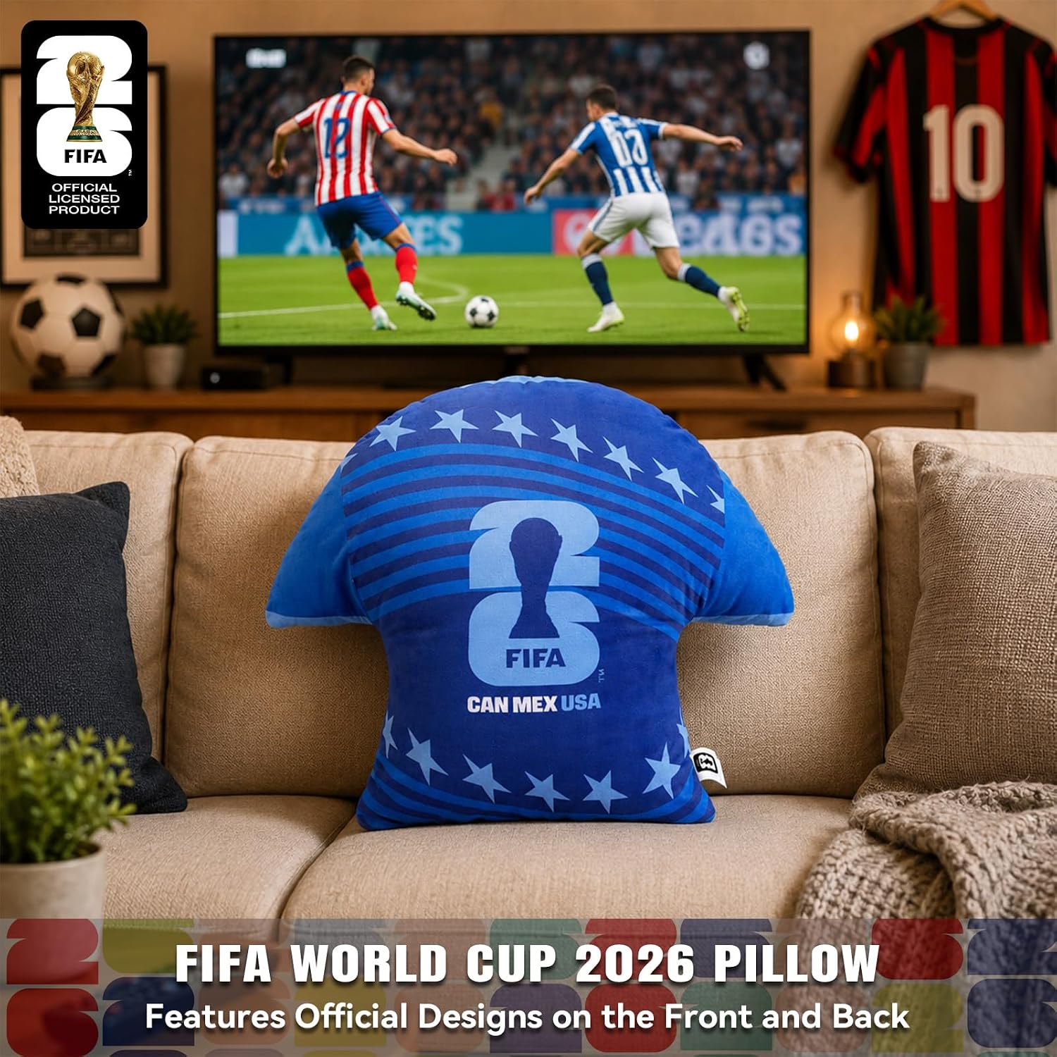 MESUCA FIFA World Cup 2026 USA Mascot Pillow - Soccer Themed Plush Pillow Cushion for Bedroom, Sofa, Home Decor - Collectible Gift for Soccer Fans (Blue-Jersey)