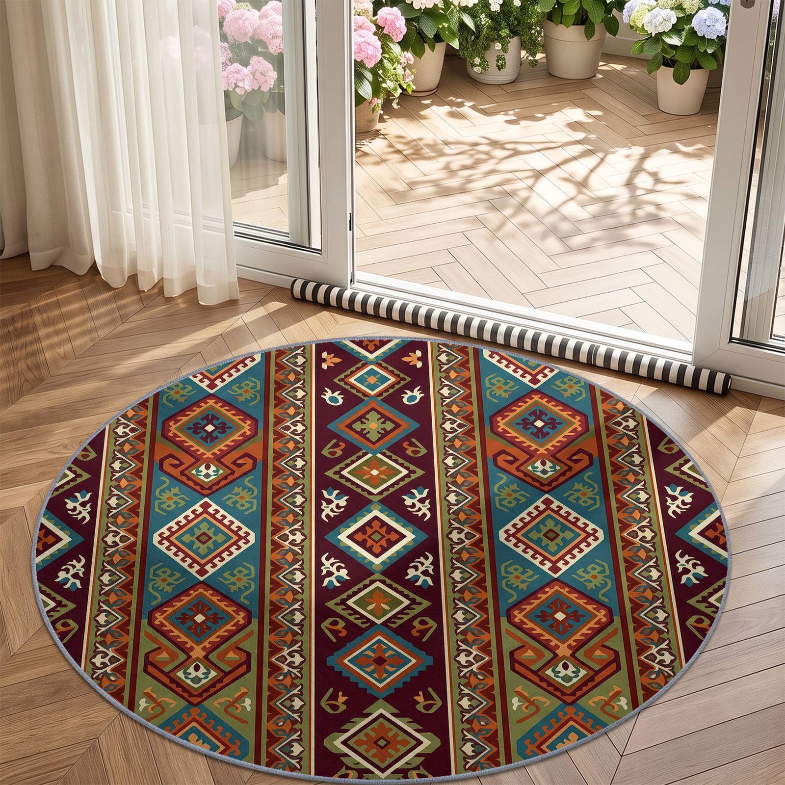 Bohème Ethnique Tapis Salon 160 cm Losange Géométrique Totem Bleu Rond Lavable en Machine | Chambre Rugs, Descente de Lit Carpets, AntidéRapant, Chambre Carpet, Doux Poil Ras