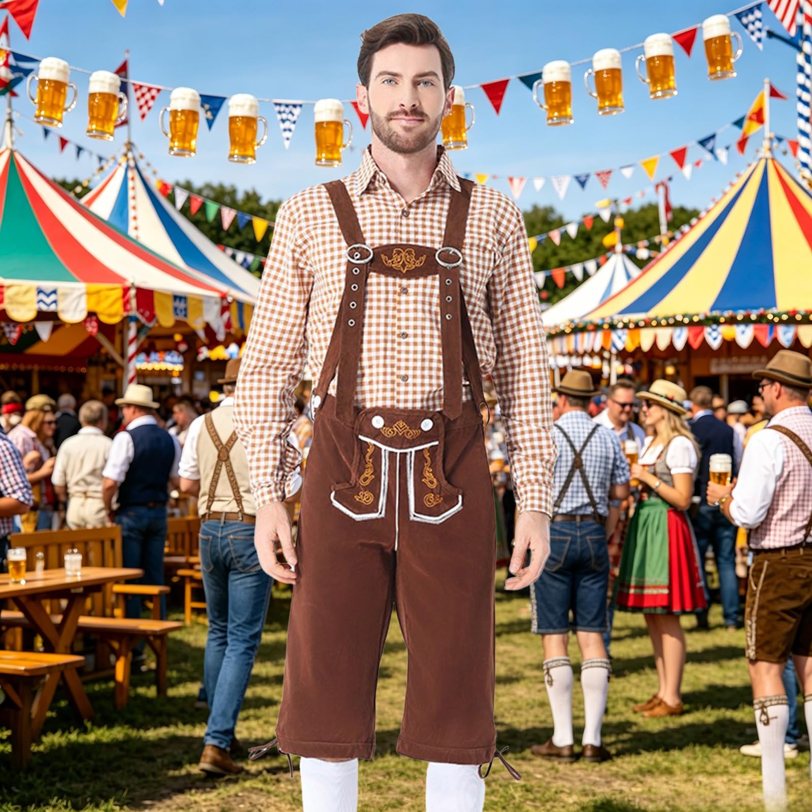 Oktoberfest Set Completo Da Uomo, Set Composto da Camicia a Quadri e Pantaloni Salopette con Bretelle, Oktoberfest Costume Uomo, Costume Tirolese Uomini, Per Carnevale, Cosplay, Feste Della Birra