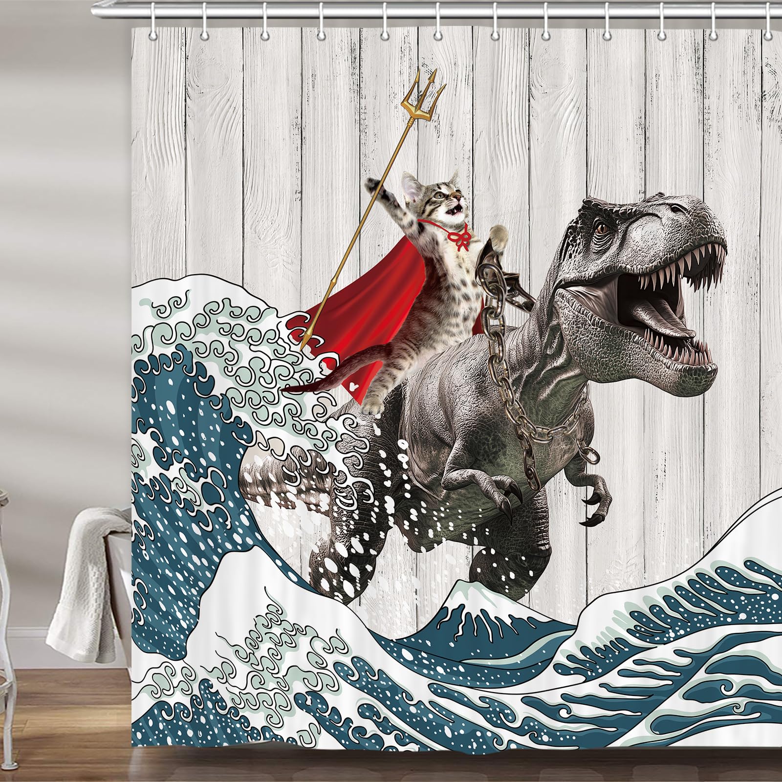 Funny Cat Shower Curtain Riding Hilarious Dinosaur Surfing Cool Japan Anime Shower Curtain Funny Japanese Cat for Boys Men Waterproof Polyester Fabric Bathroom Bathtub 72Wx72H Inch