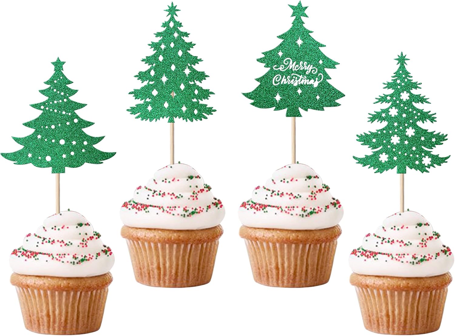 24 Pack Christmas Tree Cupcake Toppers with Star Glitter