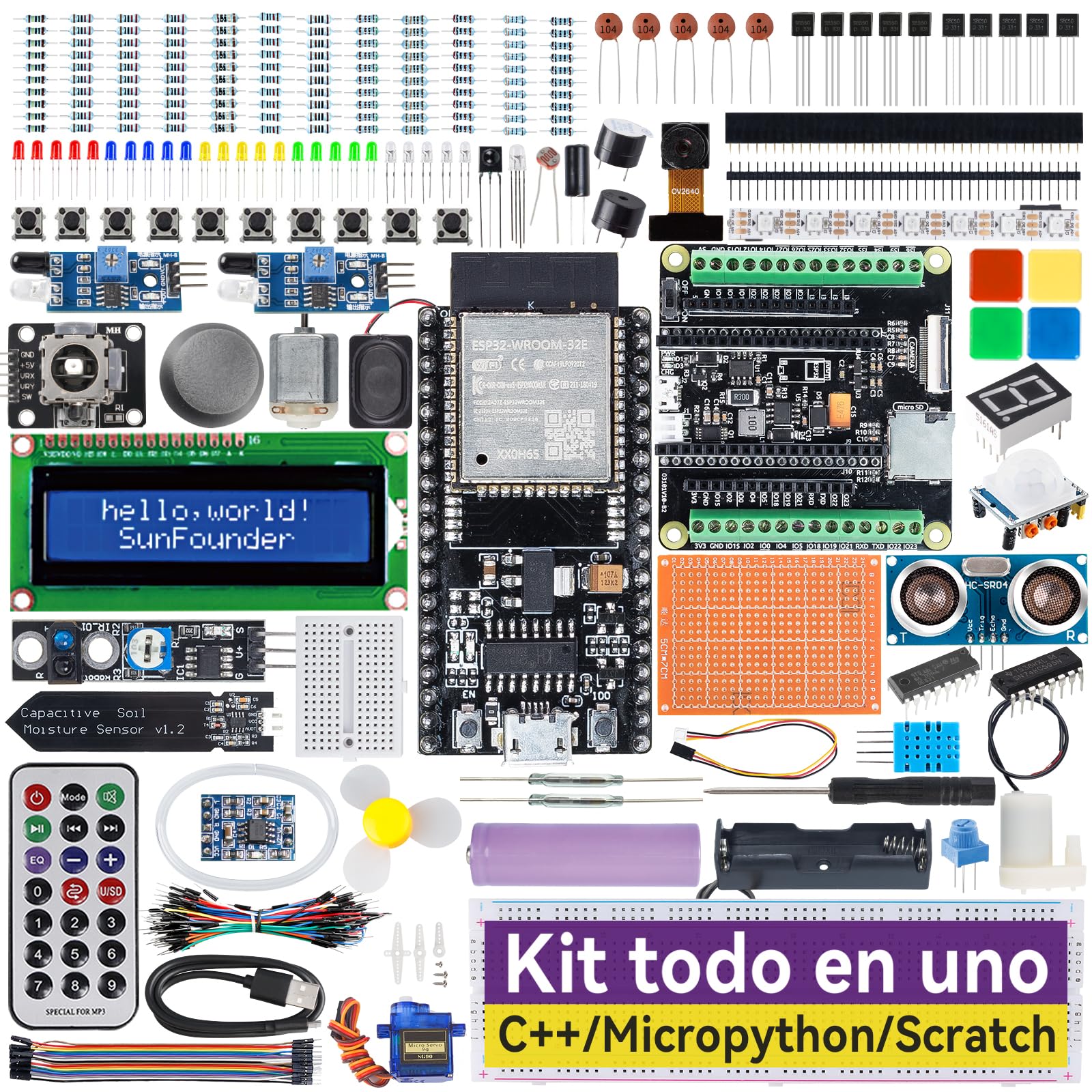 SunFounder Kit Definitivo ESP32(Compatible con Arduino),ESP32-CAM,Conforme RoHS,Python,C,Scratch,Cursos en Video en inglés,IoT para Principiantes e Ingenieros,Placa ESP32 Board