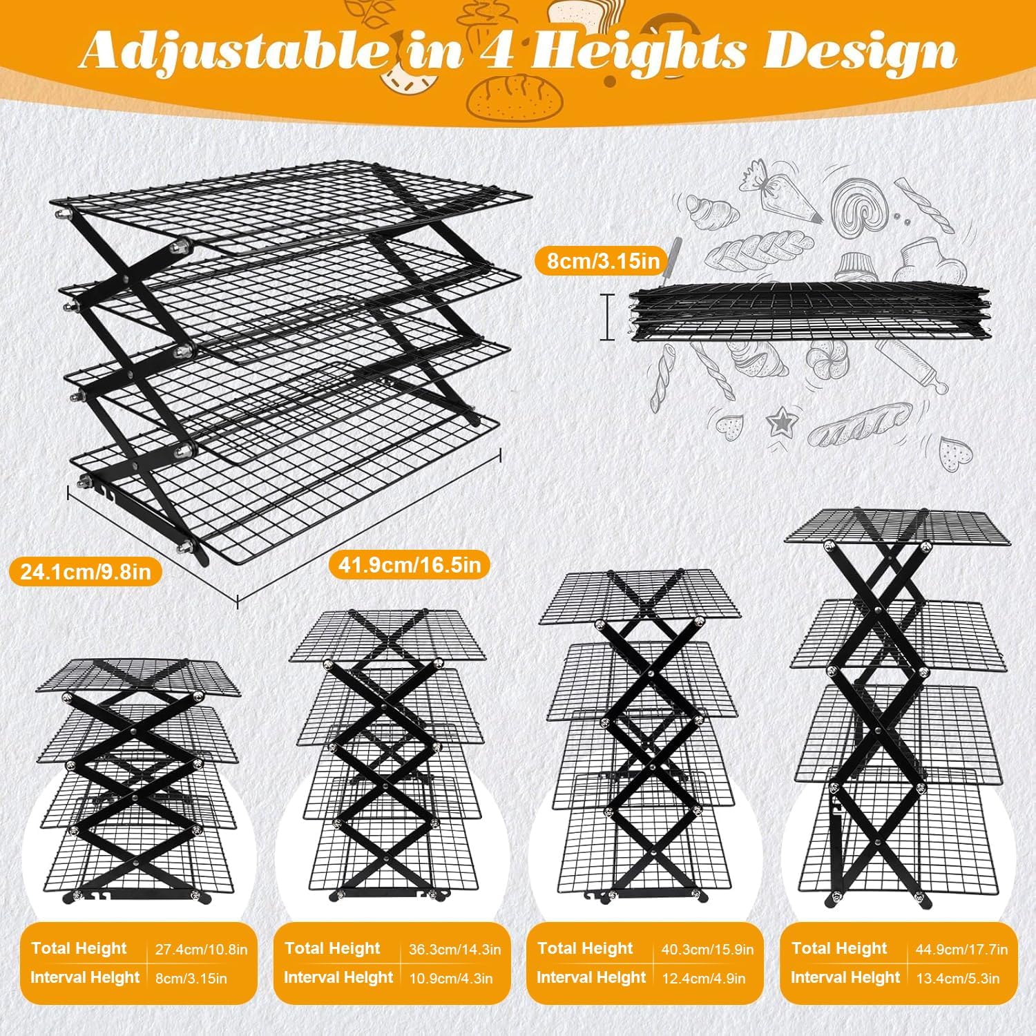 4 Tier Collapsible Cooling Rack, Wire Rack for Baking Sheet Adjustable 4 Setting Design, Camping Baking Rack for Cooking Baking Cooling Roasting Cookie Cake