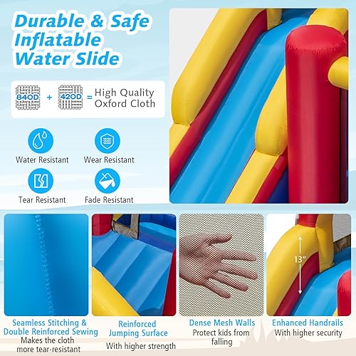 Miniatura 7 de BOUNTECH Tobogán acuático inflable, tobogán de surf 7 en 1, castillo de salto para parque acuático para niños, toboganes acuáticos inflables para