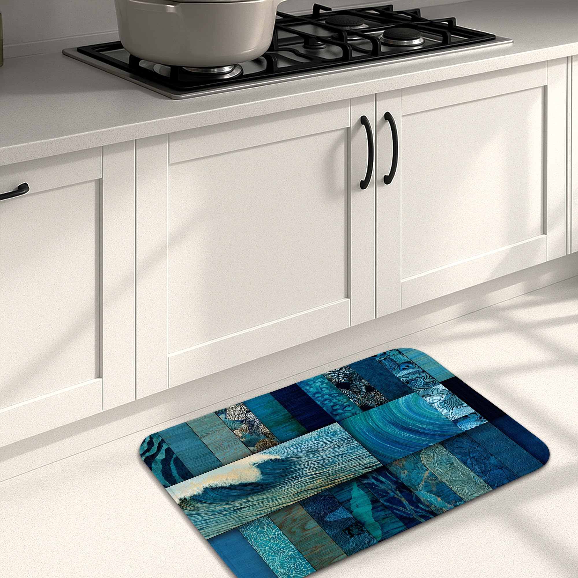 Ocean Waves Kitchen Mats for Floor, Teal and Blue Decorative Soft Mats, Cushioned Comfort Washable Non Slip Rugs for Kitchen Sinks Laundryroom Bathroom 16x24 Inch