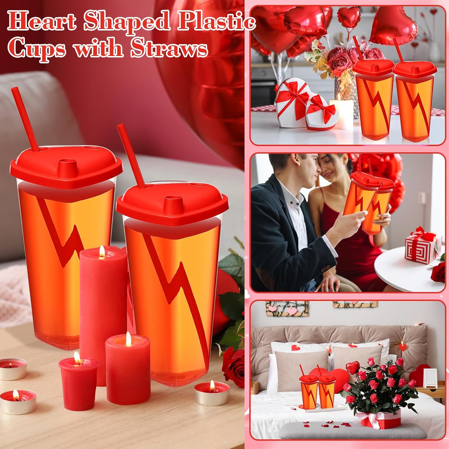 30 Set Clear Heart Shaped Plastic Cups with Lids and Straws - 16 oz Disposable Cups Bulk for Valentines Birthday Wedding Mother's Day Anniversary Summer Party Supplies (Red and Red)