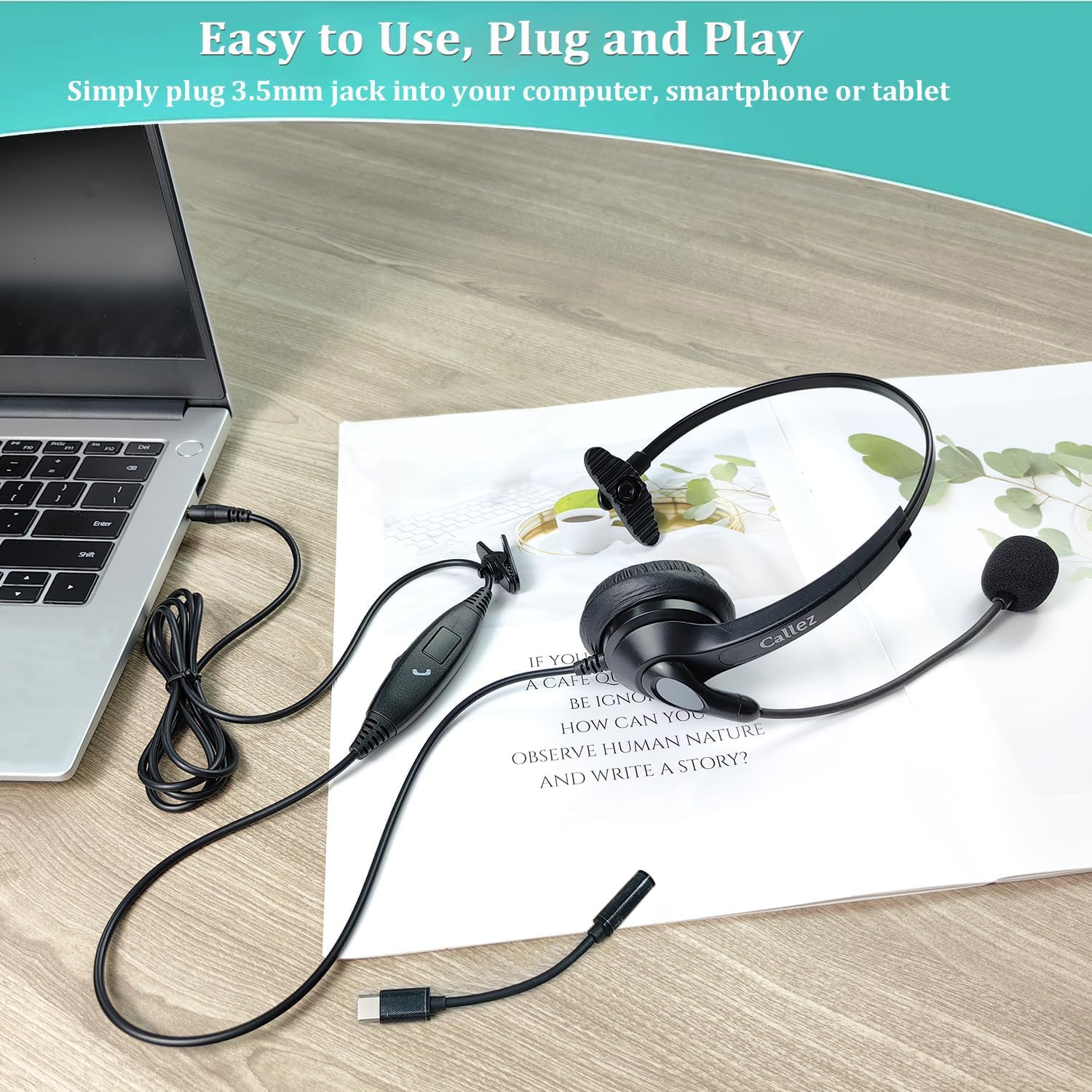 Casque Téléphone Portable Jack 3,5mm avec Micro Anti-Bruit pour PC Ordinateur Portable, Oreillette USB-C Filaire pour iPhone Android Teams Zoom Bureau Travail Visioconférence, Contrôle en ligne