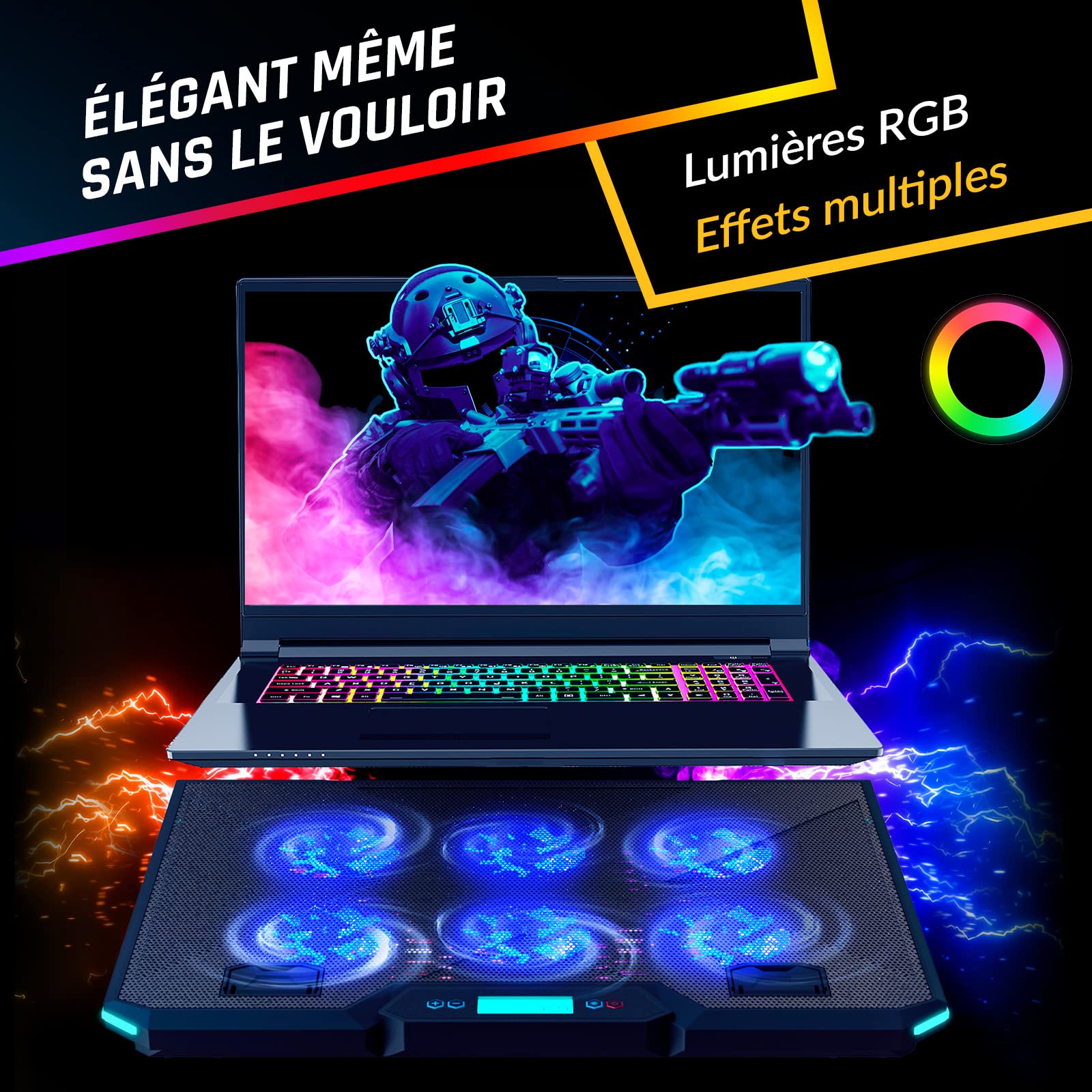 KLIM Glacier Refroidisseur PC - Nouveauté Ventilateurs & Rétroéclairage RGB - 11" - 17" - Support Ordinateur Portable USB - Stable et Silencieux Mac PS4 Xbox One