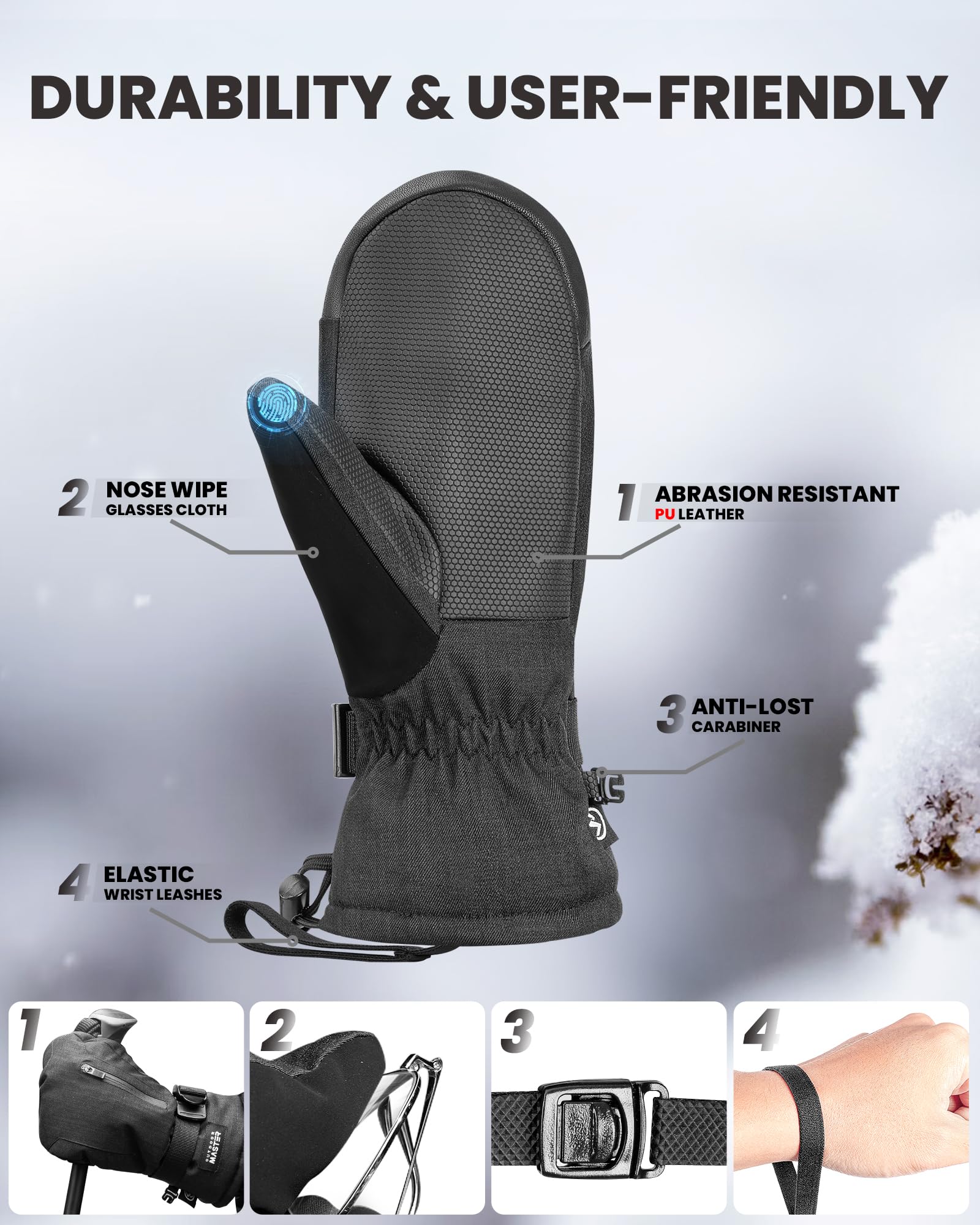 OutdoorMaster Rękawice narciarskie dla kobiet i mężczyzn, 3M Thinsulate, wodoszczelne, zimowe, ciepłe, wiatroszczelne, snowboardowe, rękawice narciarskie z podwójną kieszenią