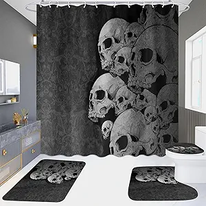 4 Pcs Halloween Skull Shower Curtain Sets, Gothic Black Skeleton Waterproof Fabric Shower Curtains for Halloween Bathroom Decor with 12 Hooks (Skull Piled)