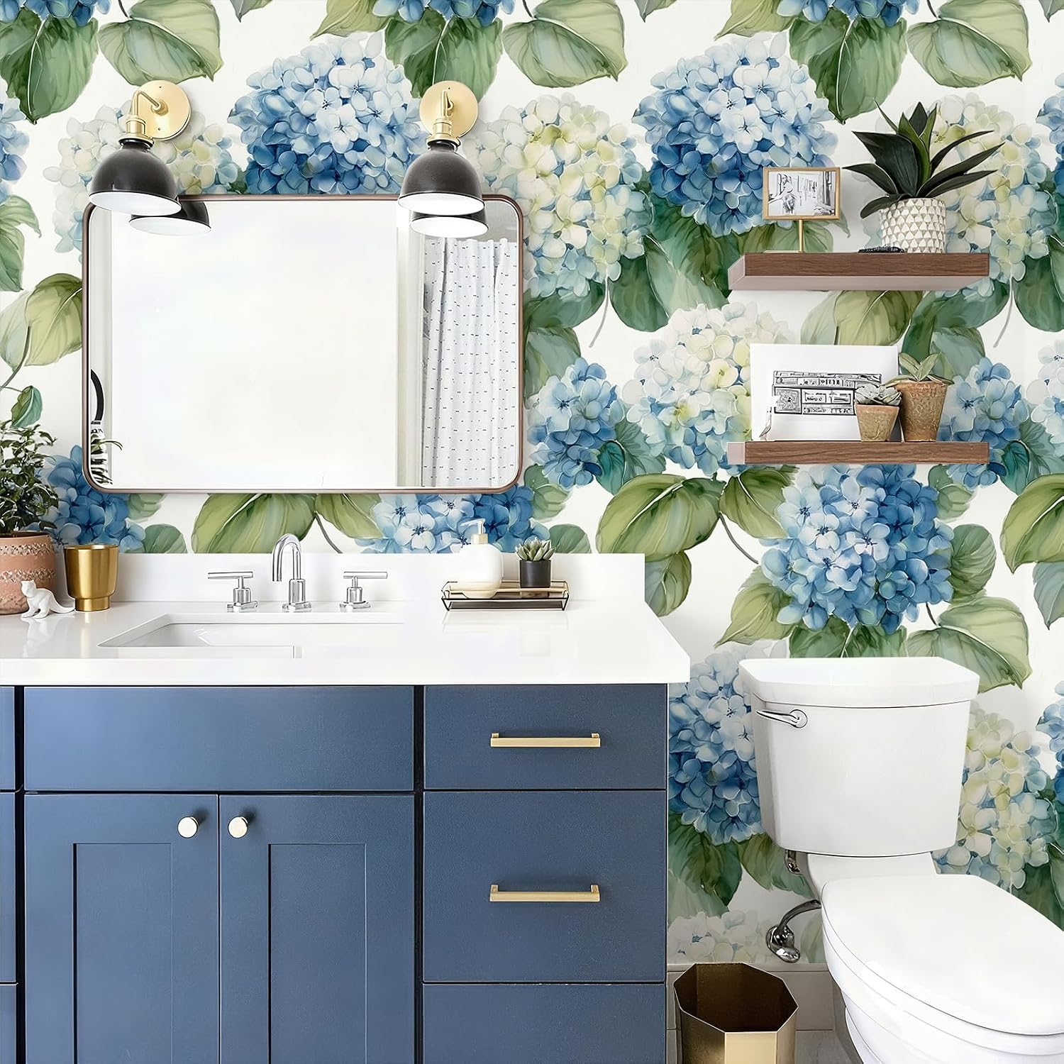 Watercolor Hydrangea Floral Wallpaper Peel and Stick Removable 17.7" x 118.11" Sage Green Leaf Wall Paper Comfortable Self Adhesive for Classroom Bedroom Laundry Room Bathroom