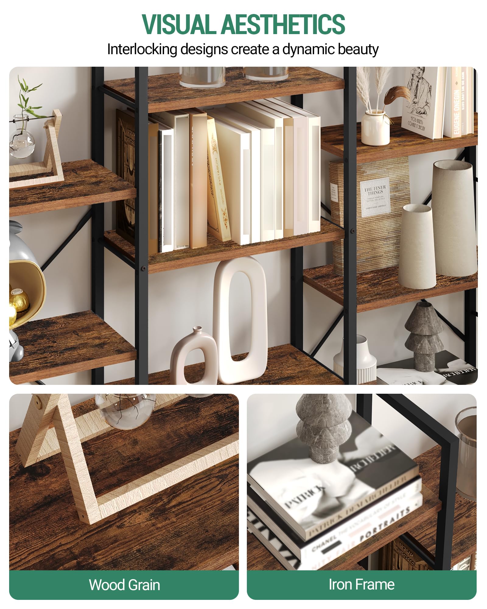 Hzuaneri 186 cm Bücherregale, Standregale, Regal mit 17 Fachböden, 6 Etagen, Verstellbarer Abstand, 24 x 152 x 186 cm, Tragfähigkeit 340 kg, Wohnzimmer, Büro, Vintage Braun-Schwarz BC10101B