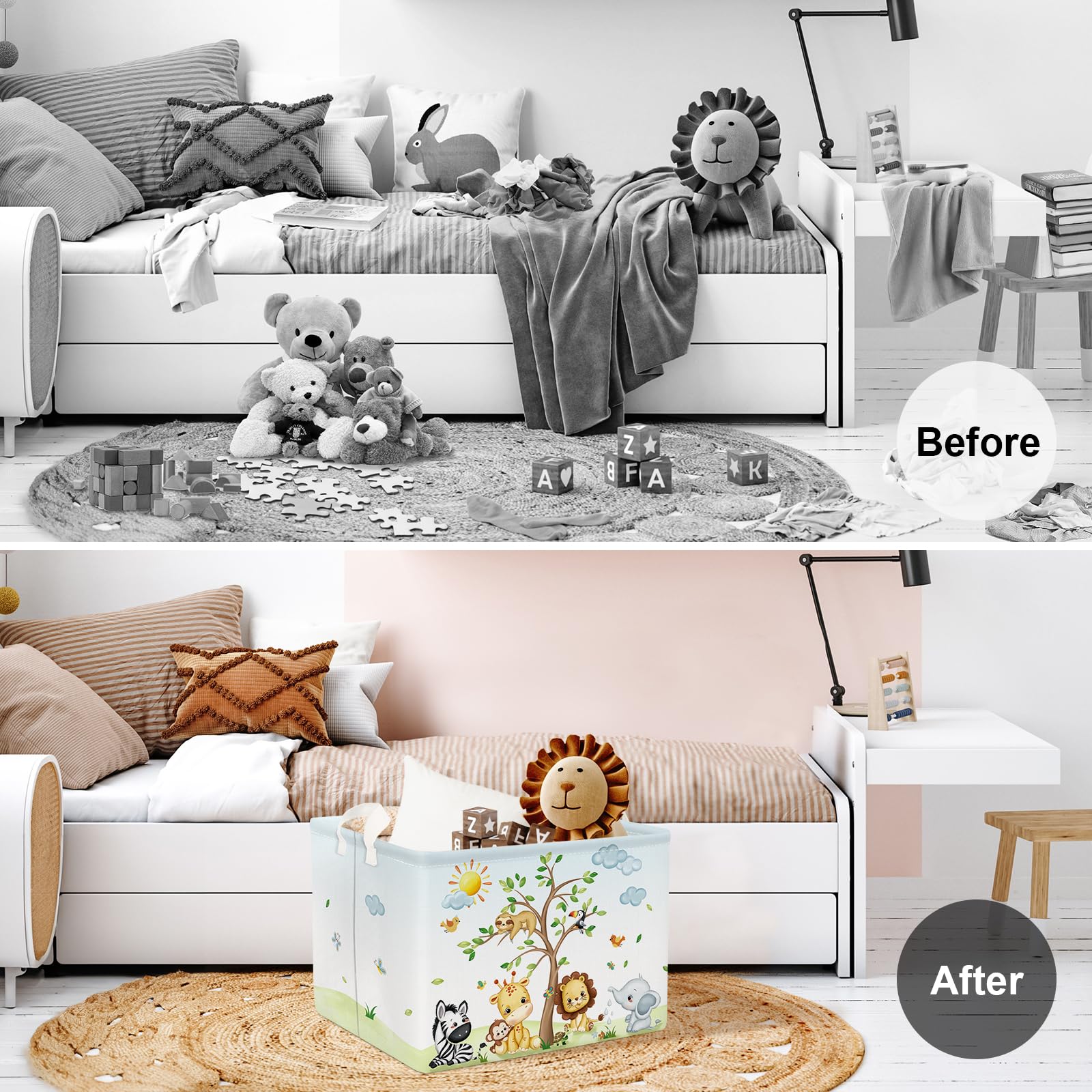 Clastyle 36L Large Safari Animal Tree Baby Basket Giraffe Lion Elephant Toy Chest Bin Clothes Towel Book Shelf Basket for Kids Room Nursery