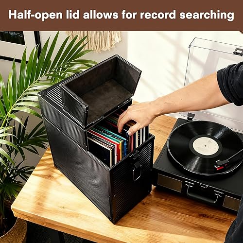 Miniatura 7 de MOHOPE Caja de almacenamiento de discos de vinilo para doble LP para 30 discos individuales de 71012 pulgadas, caja organizadora con asa de tapa