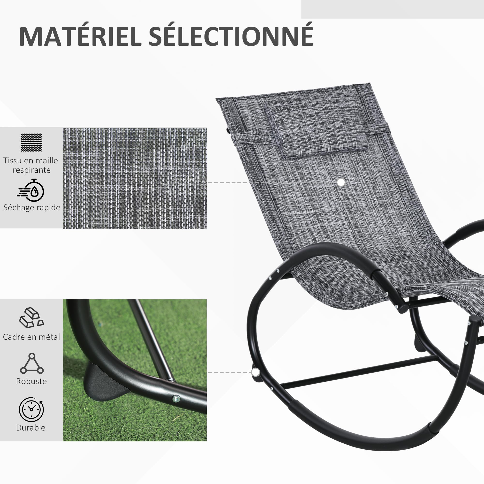 Outsunny Chaise Longue à Bascule, transat de Jardin Ergonomique, Bain de Soleil, avec tétière, Rocking Chair, textilène, Utilisation extérieure intérieure, Gris chiné