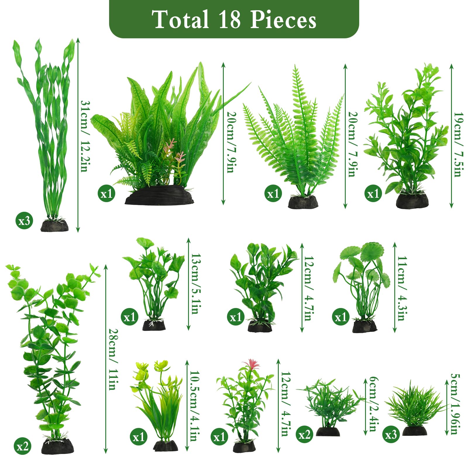 Plante Aquarium, 18 PCS Plante Artificielle d’Aquarium en Plastique, Plante Aquarium Ornement Décorative, Aquarium Vert Plante Décoration et Paysager, Accessoires pour Aquarium, Poisson, Terrarium