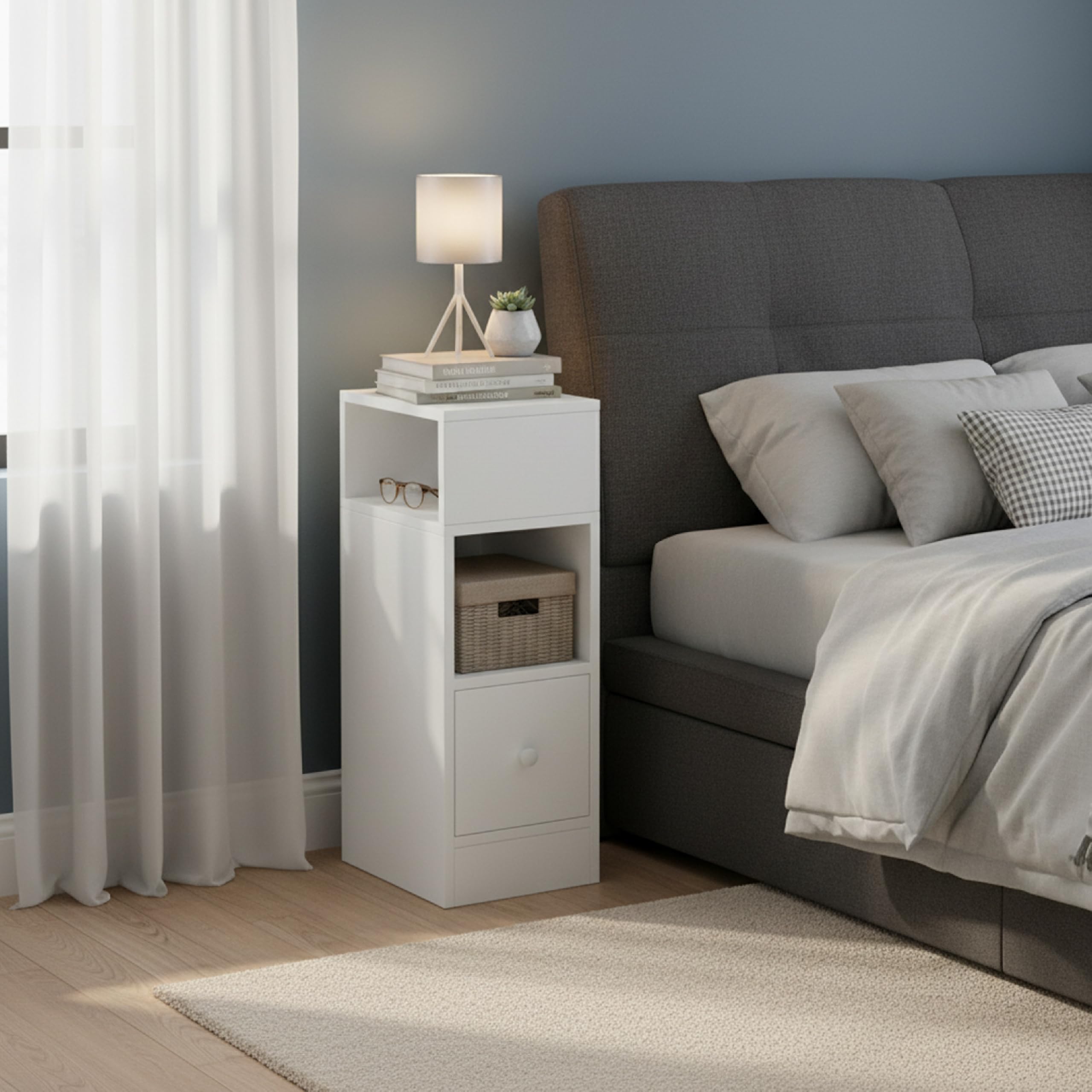 Baroni Home Set 2 Comodini Moderni con Cassetto e 2 Ripiani, Scomparto Superiore Aperto su Entrambi i Lati, Comodini Salvaspazio in MDF, Montaggio Facile. 25x30x66 cm (Bianco)