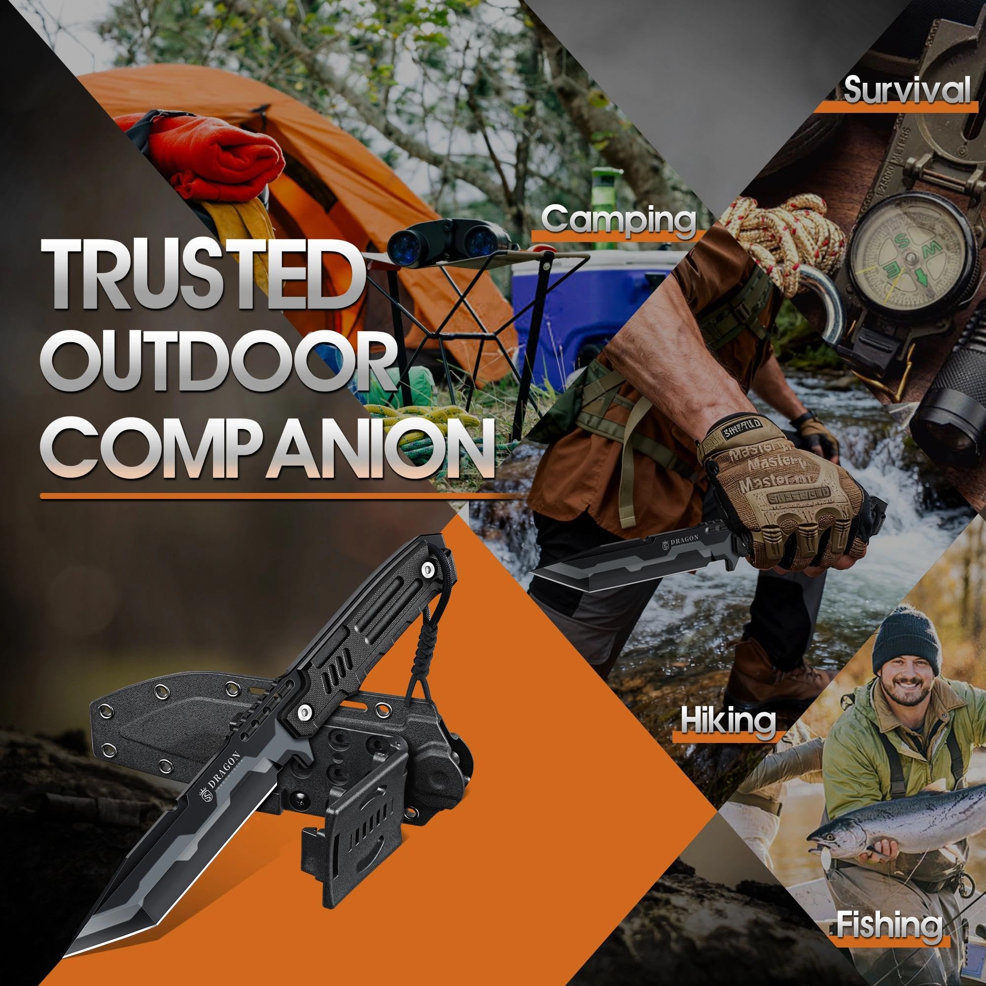 Dragon Creek Outdoor-Messer mit feststehender Full-Tang-Klinge – 5mm Klingenstärke, 15° V-Schliff, ergonomischer Griff, Kydex-Scheide, für Camping & Outdoor (Schwarz)