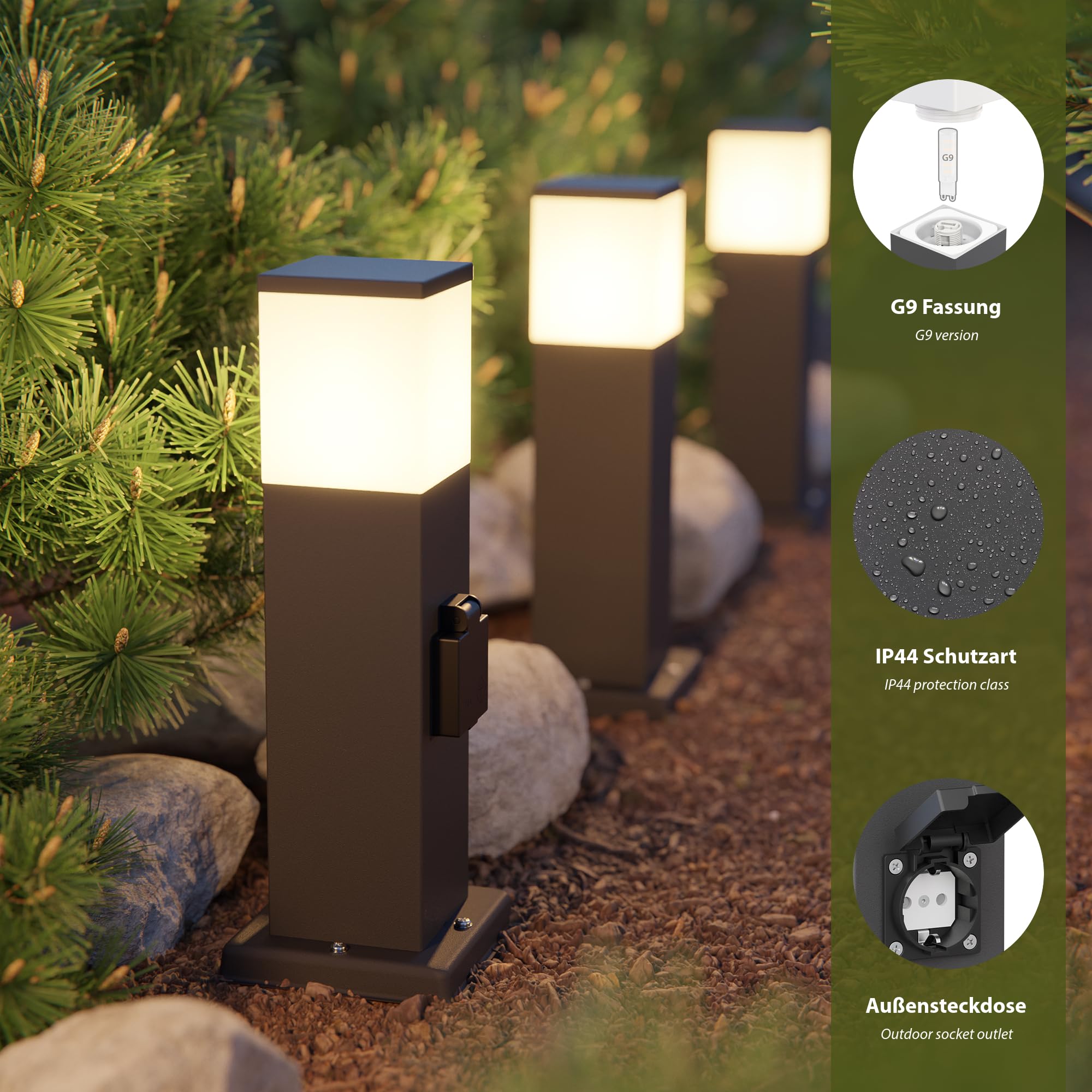 ledscom.de 3 lampade da vialetto/lampioni da marciapiede POLLY per esterni, IP44, 35 cm, antracite, 1 attacco G9 max. 10 W, presa di corrente