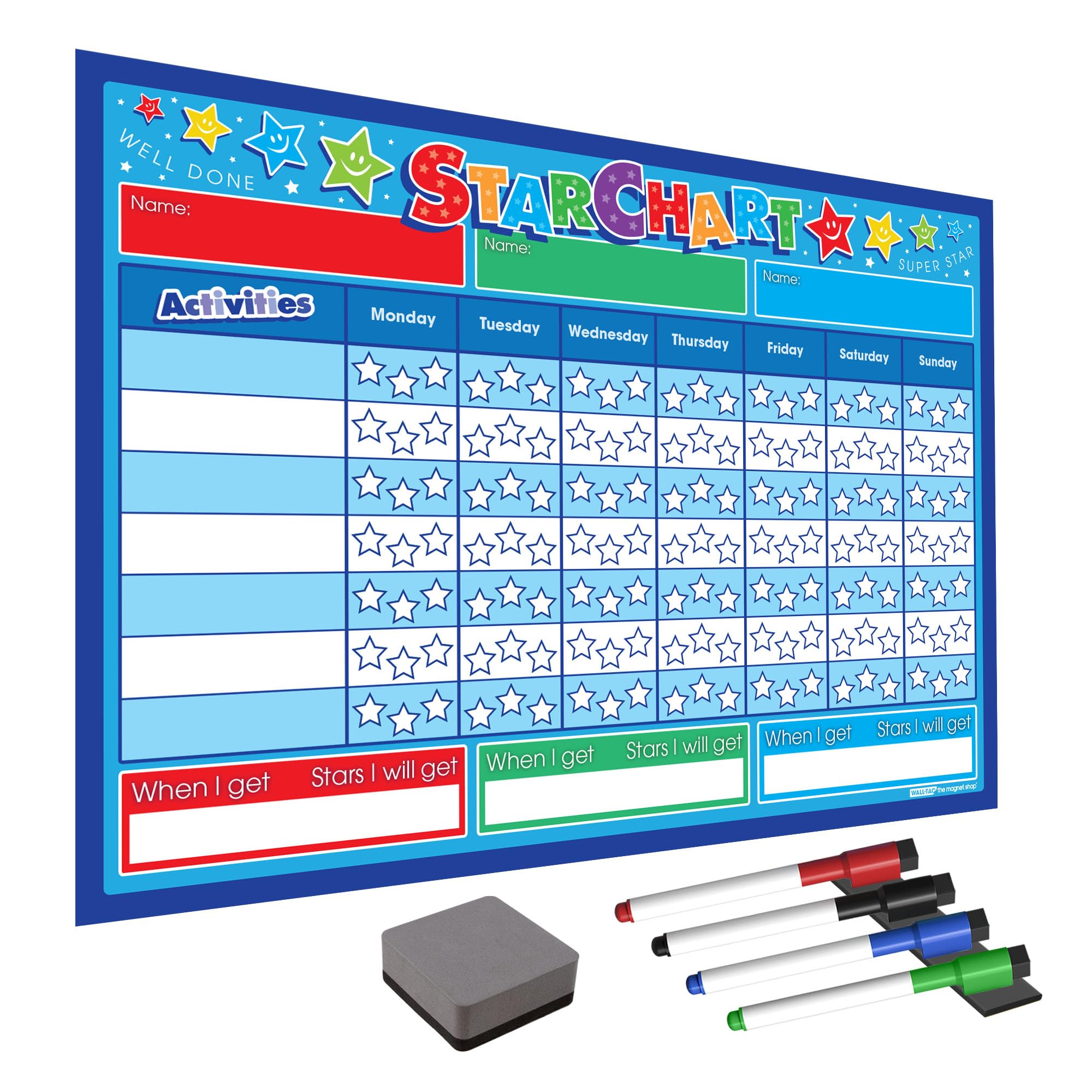 WallTAC Star Chart Wall Sticker for Recognising/Inspiring Good Behaviour in Toddlers, Kids, Boys and Girls | with 4 Magnetic Coloured Dry Wipe Pens and Eraser! (Blue, A3 Star Chart)