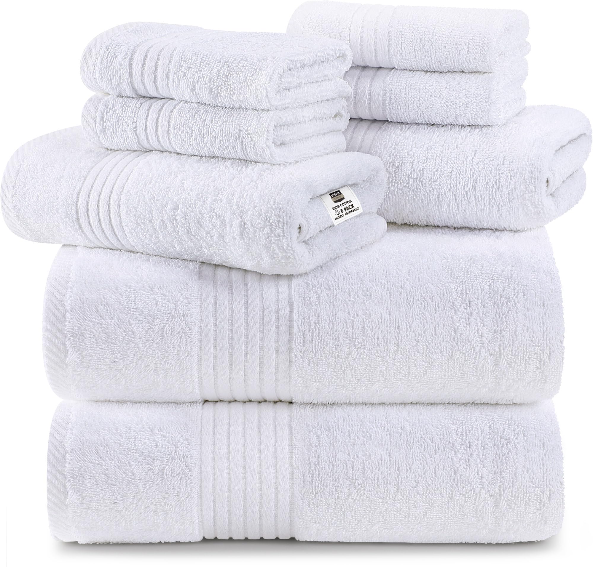 8 Piece Premium Towel Set, 2 Bath, 2 Hand, and 4 Washcloths, 100% Ring Spun Cotton, Highly Absorbent Towels for Bathroom, Sports, and Hotel, White