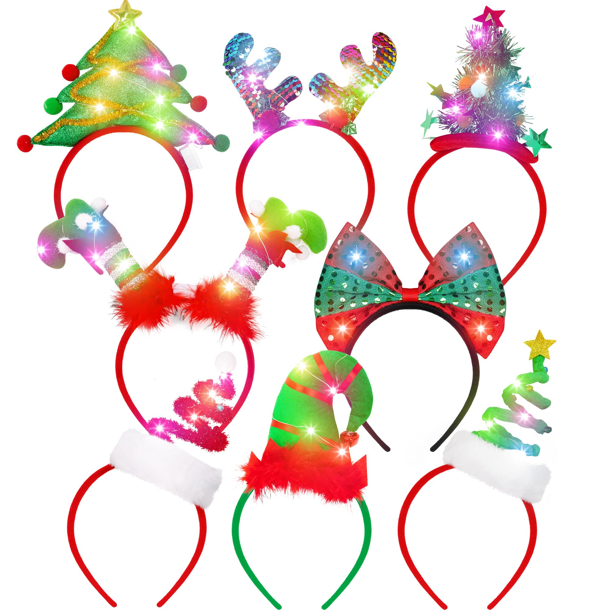 8 PCS Light Up Christmas Headband, LED Lights Christmas Head Topper, Santa Hat Reindeer Antler Tree Leprechaun Hat Bow Headpieces Gifts Bulk for Adults Kids Xmas Holiday Party Favors Photo Supplies