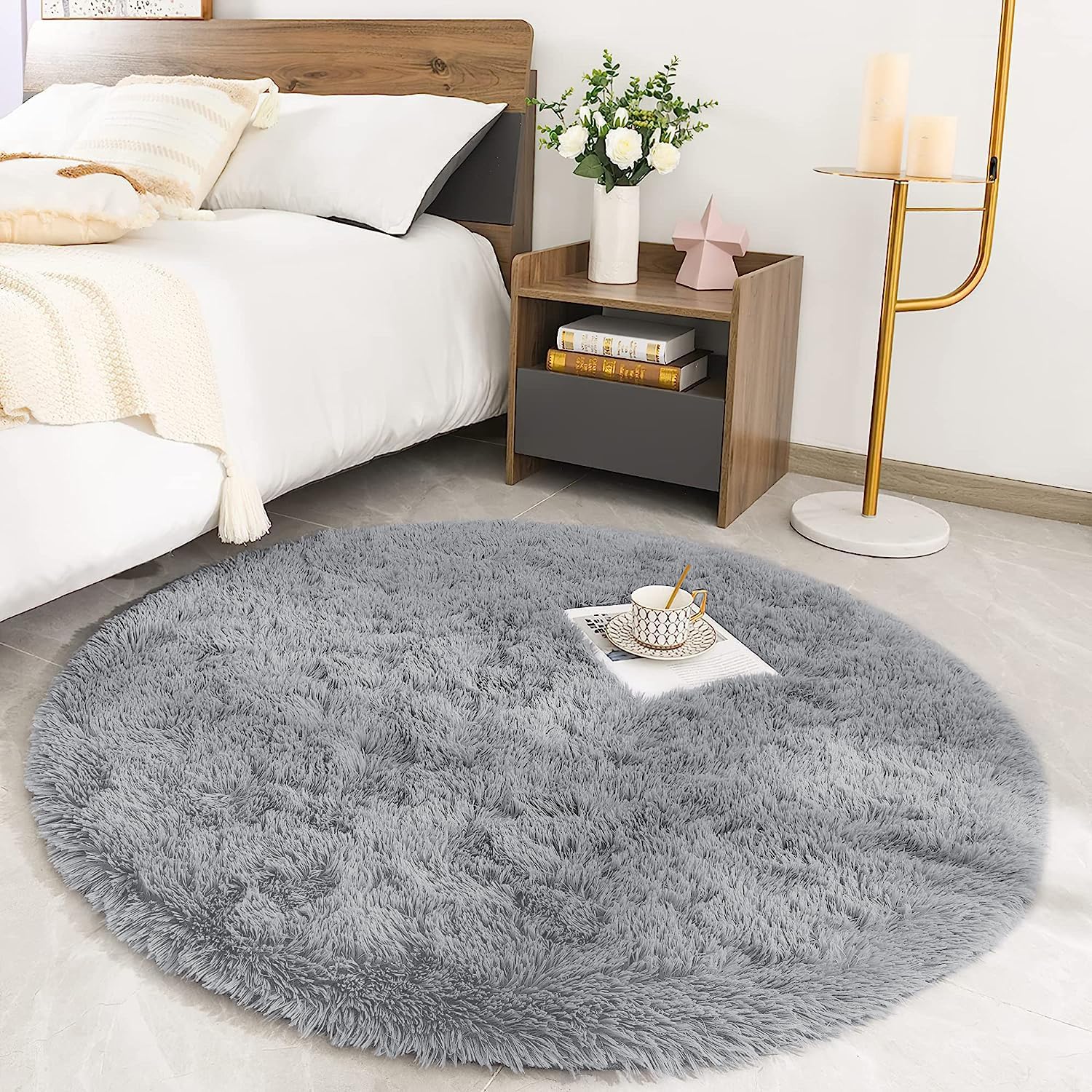 MOONLIGHT20015 Round Rugs Living Room, Grey Area Rugs for Bedroom 120x120 cm Anti Slip