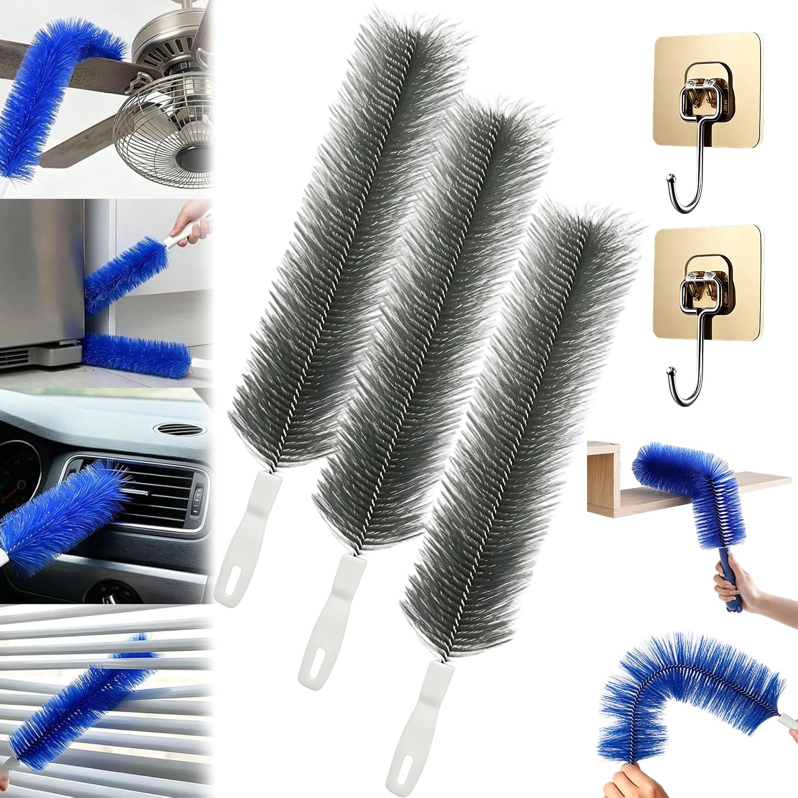 Bendable Microfiber Head, Cobweb Duster, Fan Cleaner Brush Reusable Dust Remover Washable ldeal for Electric Fans, Air Conditioning, Car Vents, Curtains (3grey)