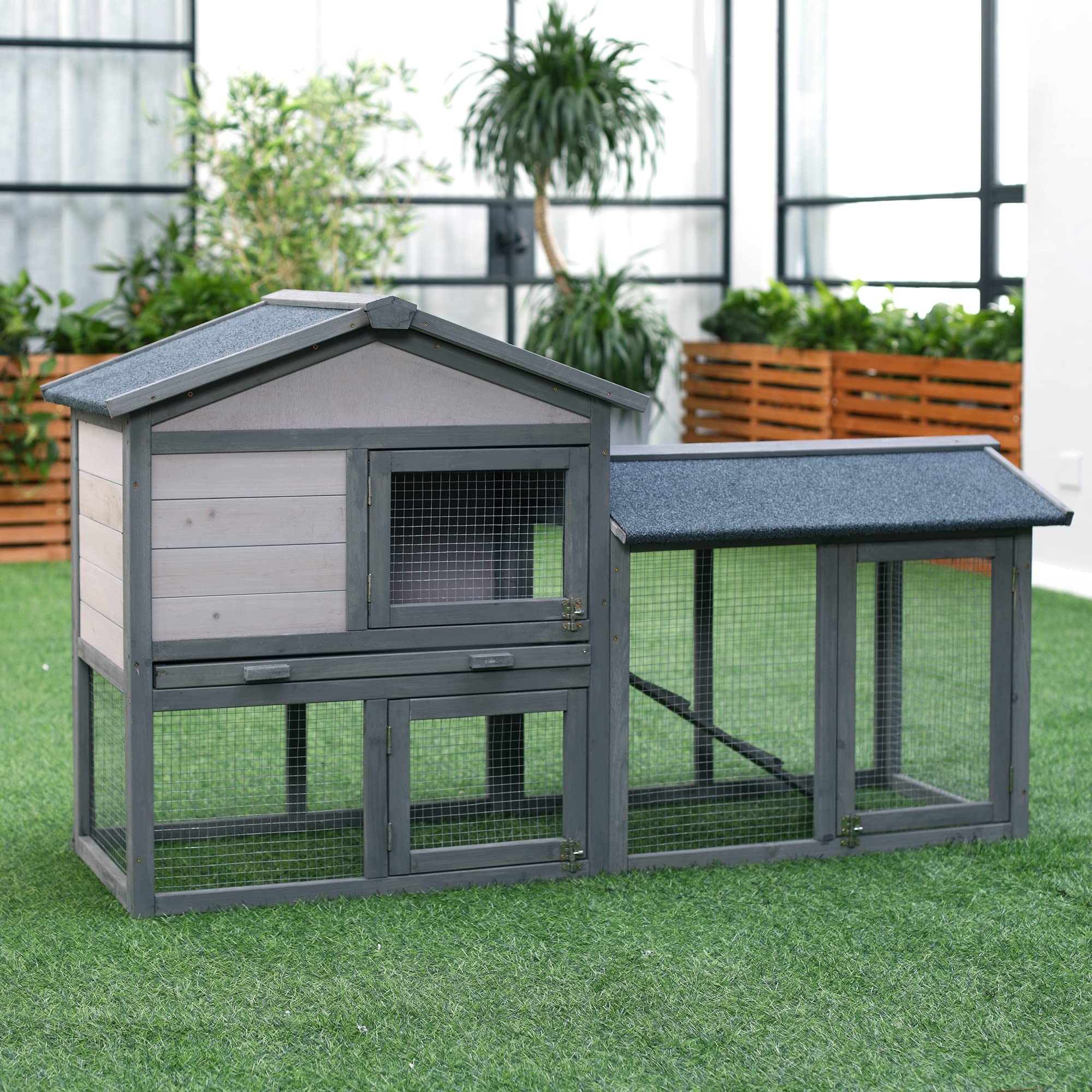 PawHut Kleintierstall mit Freilauf Kleintierkäfig Meerschweinchenstall MeerschweinchenKäfige für draußen Kleintierhaus Tannenholz Grau 147 x 54 x 84 cm