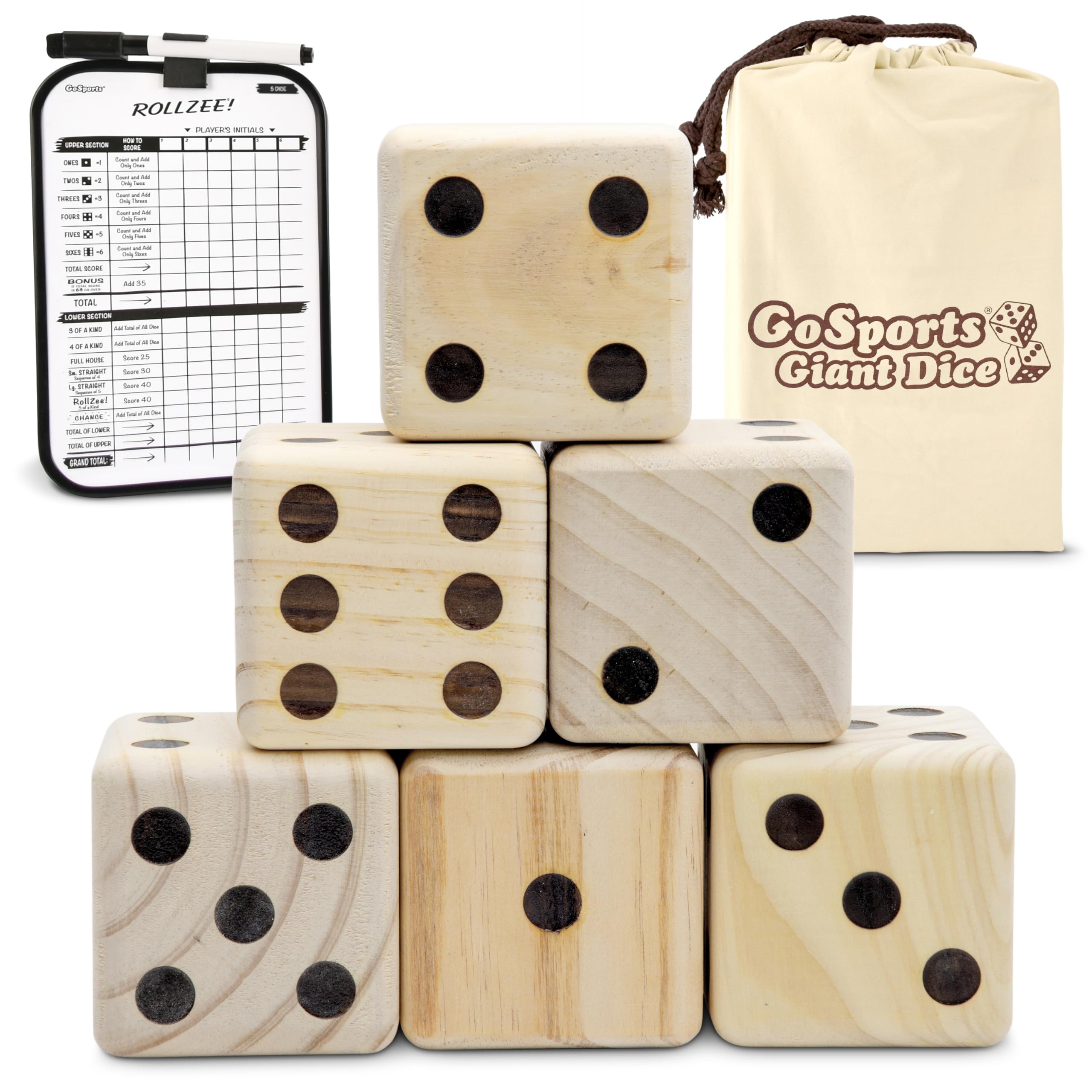GoSports Giant Wooden Playing Dice Set for Jumbo Size Fun (Includes 6 Dice and Canvas Carrying Bag)