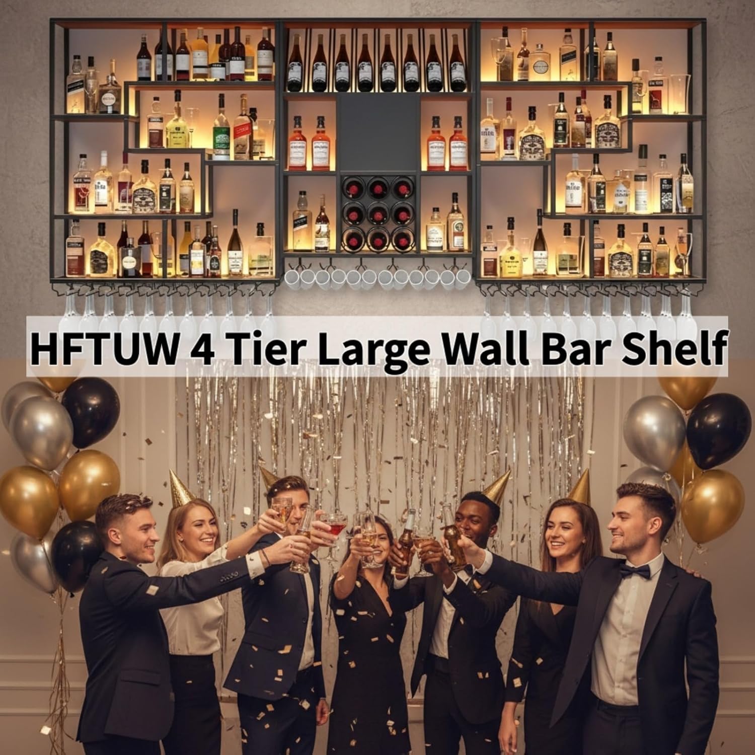 118 Inch Wall-Mounted Wine Rack & Liquor Shelf with LED Lighting - Bar Shelves for Liquor Bottles, Floating Storage with Wine Glass Holder for Kitchen, Dining Room, or Bar Decor, Gold