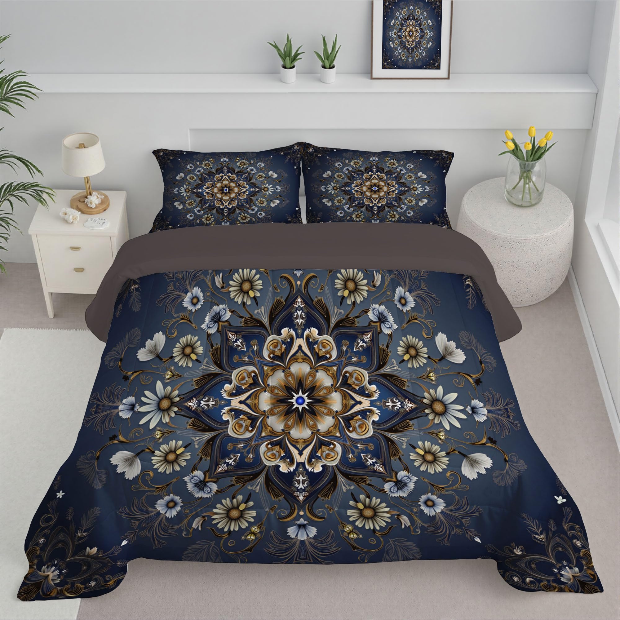 Couette bleu foncé réversible 140x200 cm avec motif mandala floral 200 GSM pour lit 1 personne