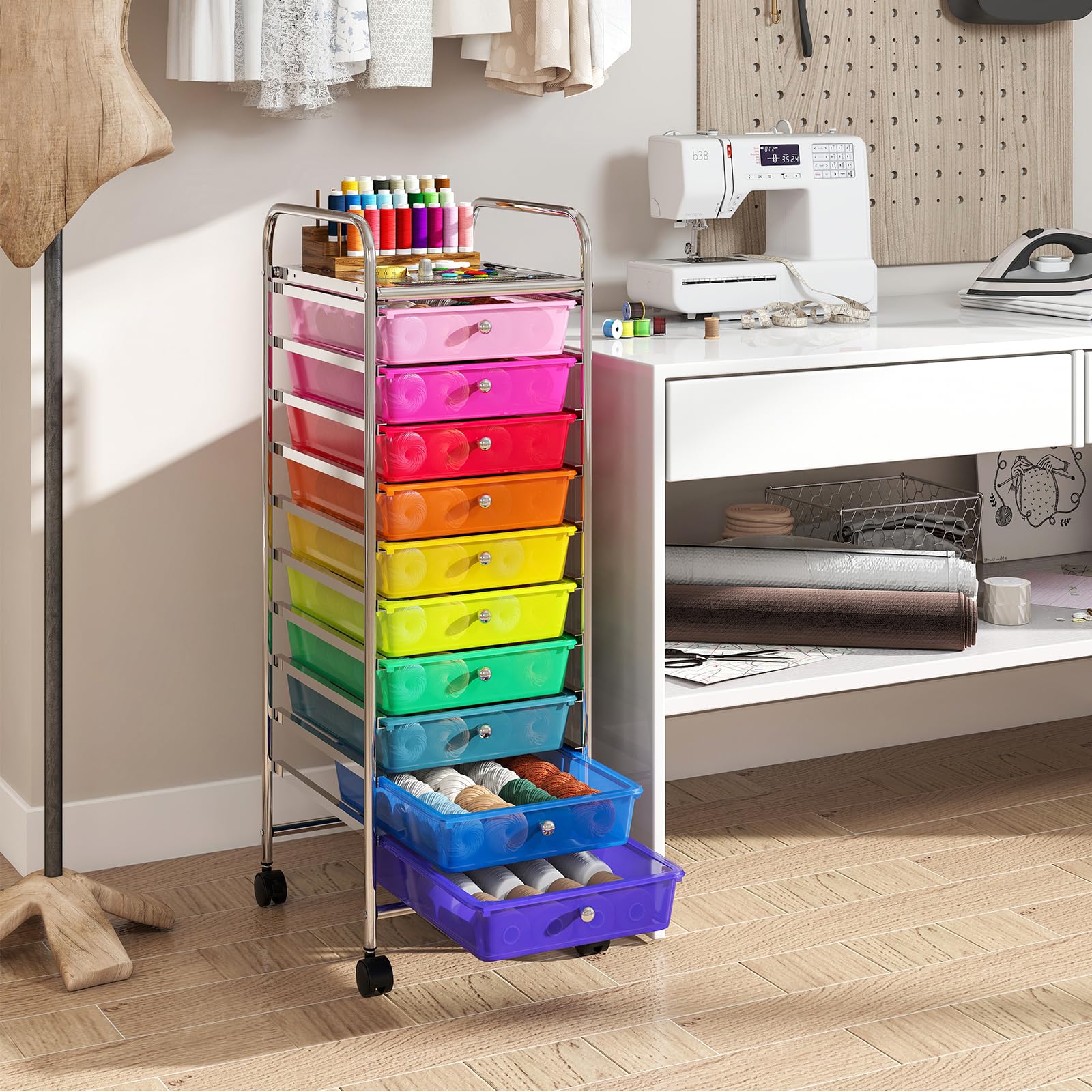 COSTWAY Carrello Portaoggetti con 10 Cassetti, Cassettiera con Ruote, Struttura in Metallo, Ruote Universali Bloccabili e Maniglia, Carrello Organizer per Casa, Ufficio (39 x 32 x 97 cm)