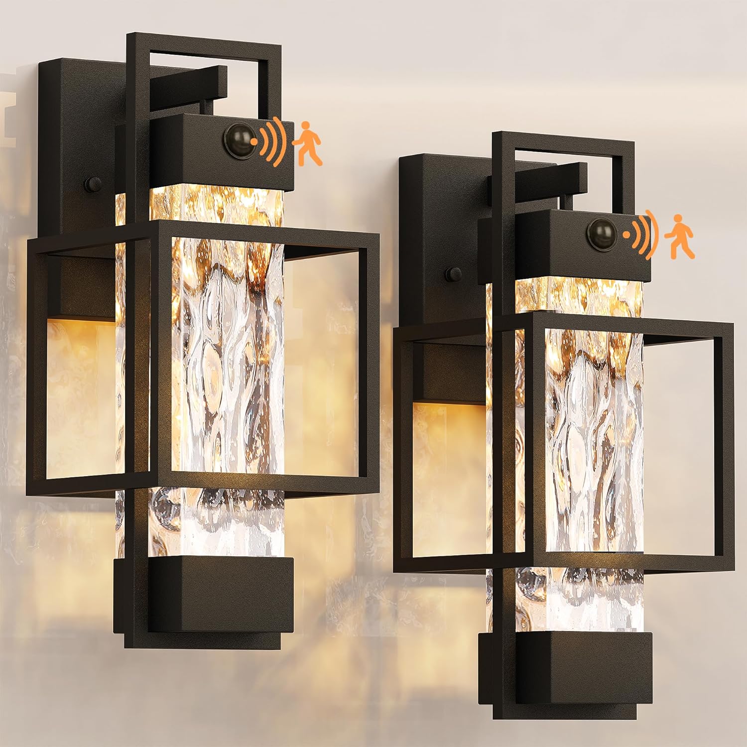 PARTPHONER Modern Motion Sensor Outdoor Wall Lights 2 Pack, 15" Exterior Wall Sconce Waterproof Porch Light, Outside Light for House with Water Glass for Garage Doorway-Only Lights up with Motion