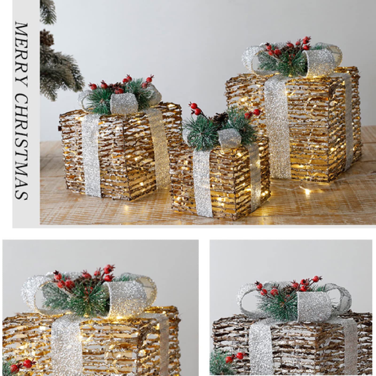 Cajas de regalo para Navidad, Juego de 3 cajas iluminadas con lazos, arte del hierro LED, decoración iluminada de ratán, cajas iluminadas for regalos al aire libre for decoraciones navideñas en el hog