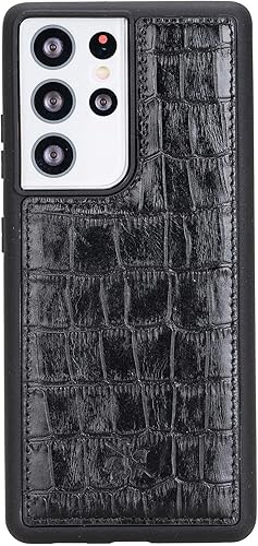 Venito Lucca - Funda de piel compatible con Samsung Galaxy S21 Ultra (6.8 pulgadas), extra segura, con cubierta trasera acolchada (cocodrilo negro)