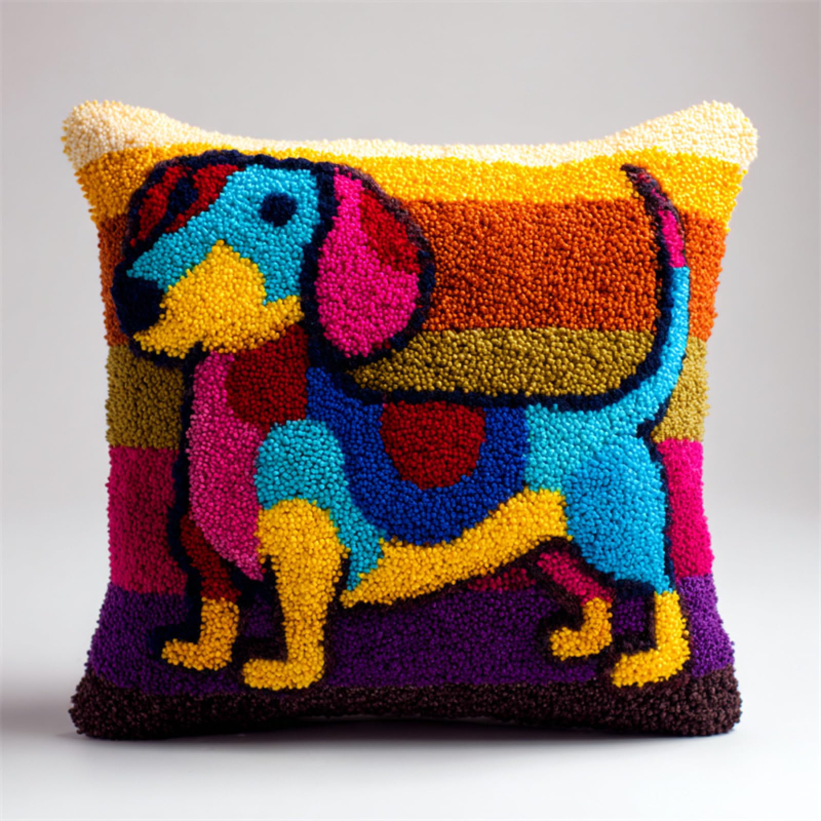 Axiangzik 004 Latch Hook Cushion Kits For Adults,Colorful Dachshund,Latch Hook Pillow Case,Embroidery Kits,Diy Needlework Pillow Cover Cushion Making,17X17in