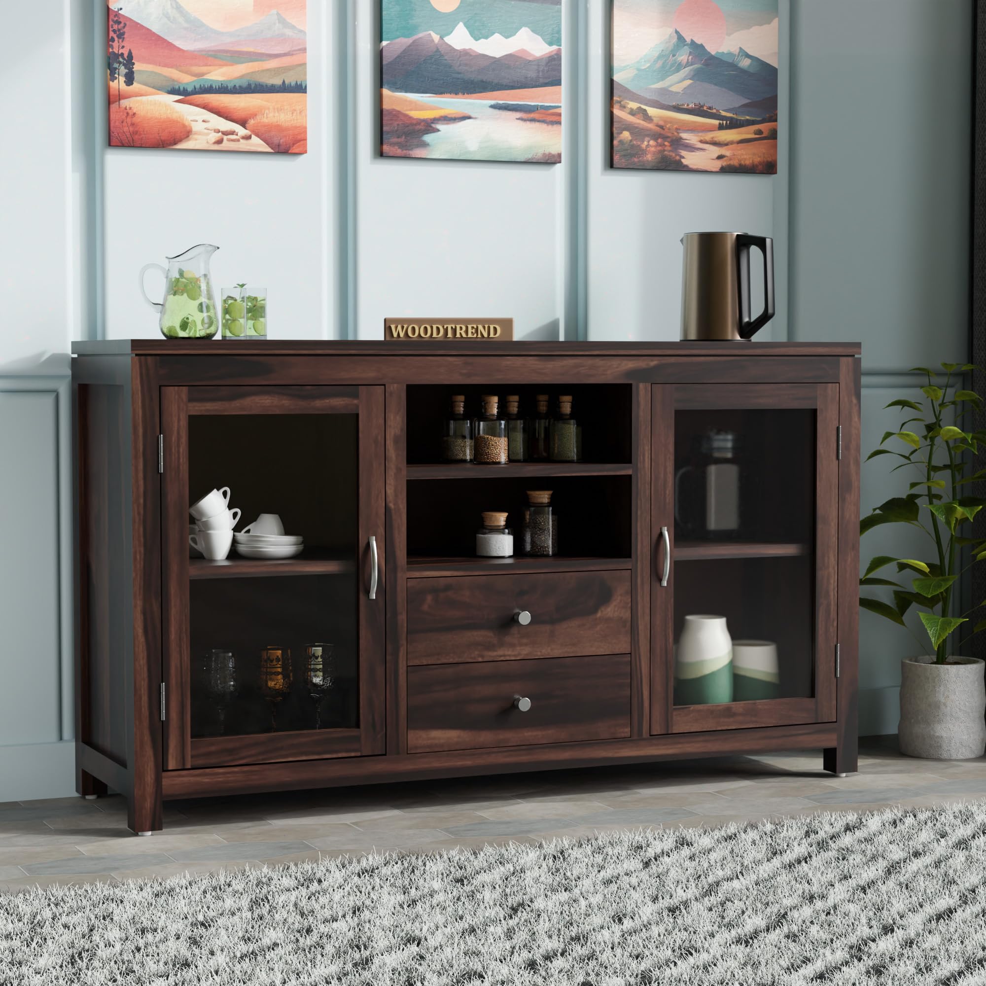 BANSHI WOOD FURNITURE Solid Wooden Crockery Cabinet for Kitchen & Dining Room | Side Board Cabinet with Drawers & Door (Walnut)-image-11