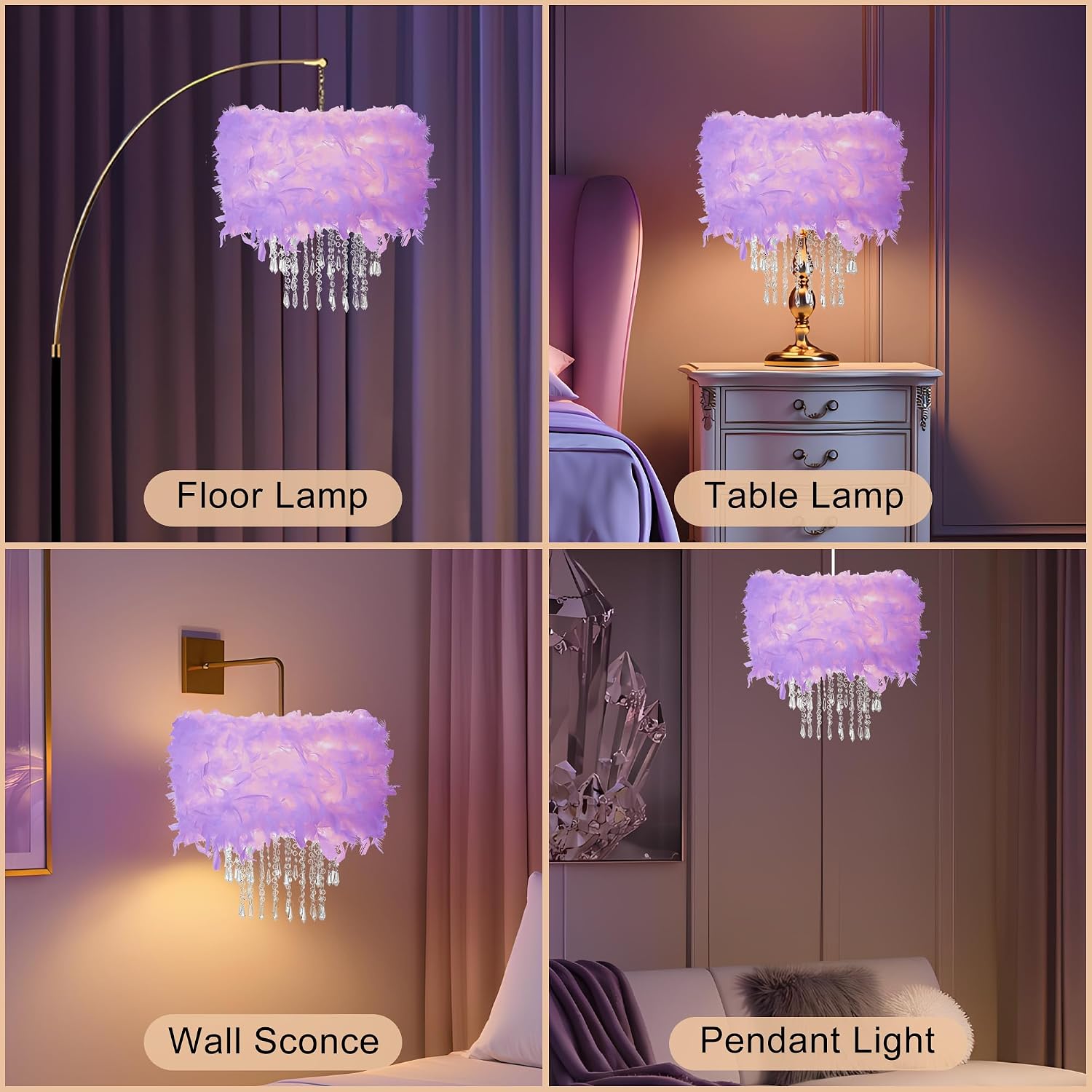 Feather Lamp Shade with Acrylic Beads Droplets, Fluffy Lampshade for Pendant, Table, Floor & Wall Lighting, Girl Bedroom Decor, ID 11.8inch, OD 15.7inch, Purple