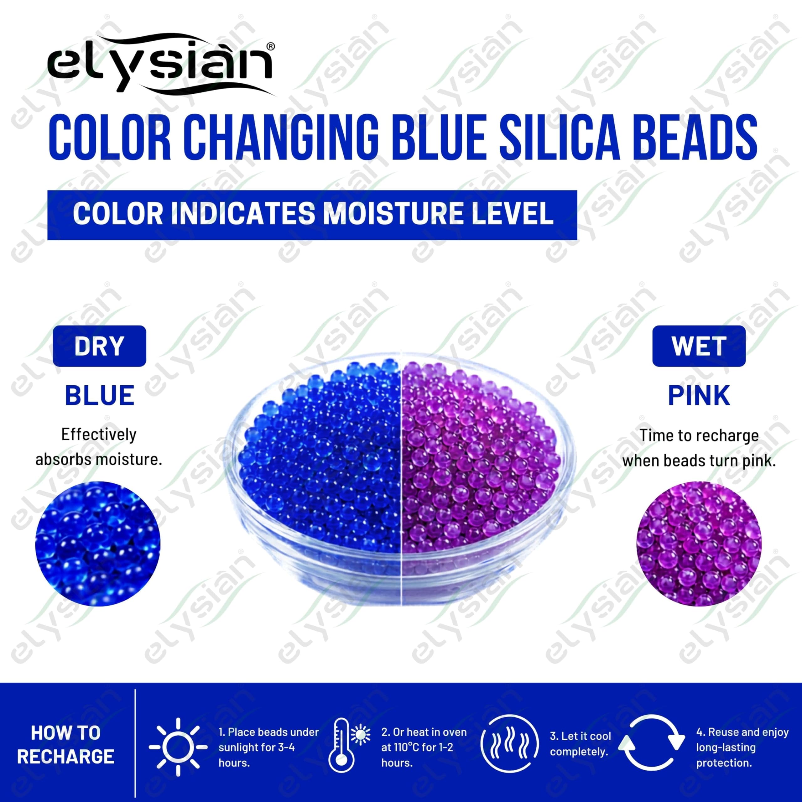 Elysian Blue Color Indicating Desiccant Silica Gel Beads, Industry Standard 2-5mm Rechargeable Moisture Absorbent (Blue to Pink) Pack of 100 Gram 3