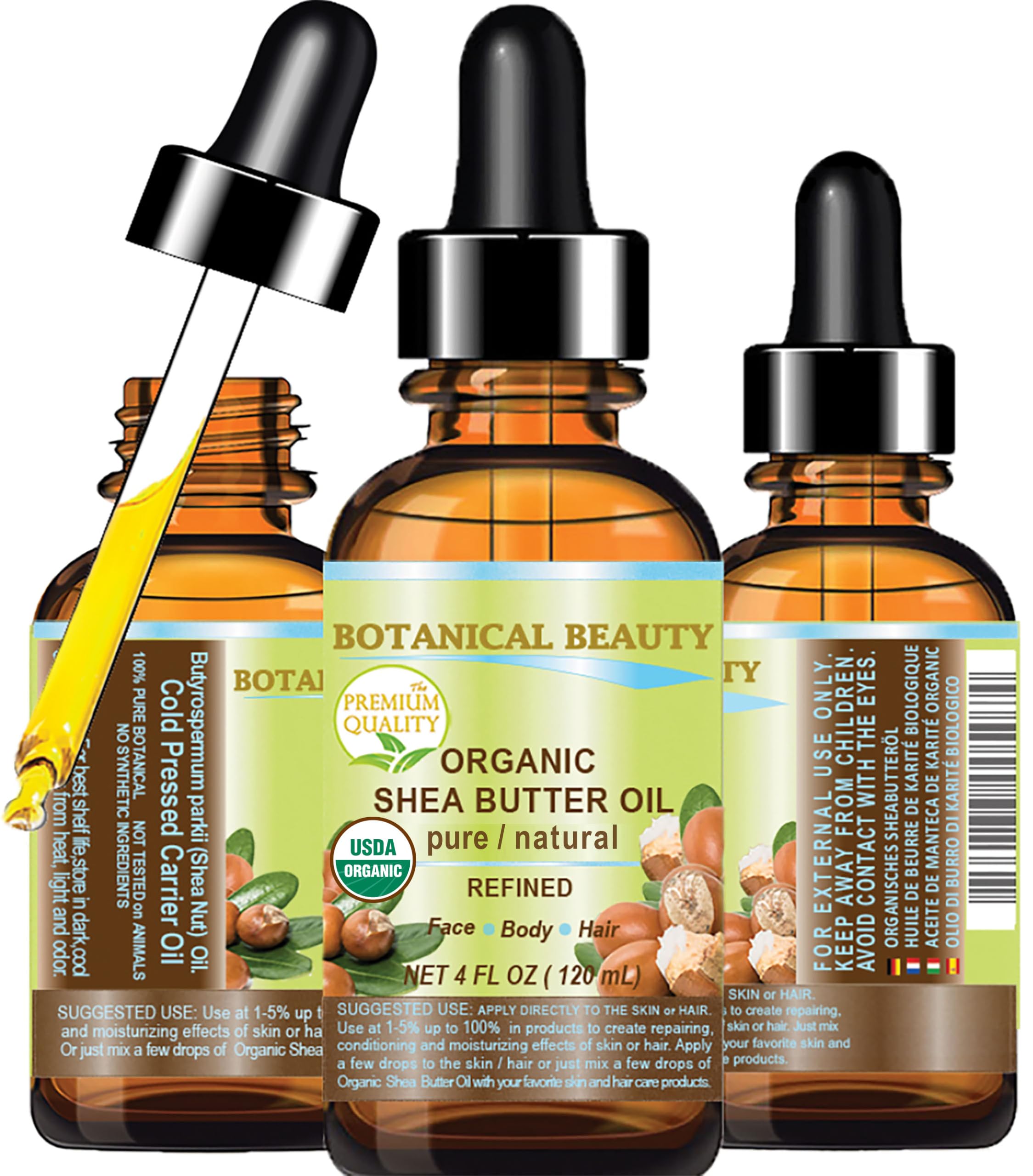 Botanical Beauty Organic SHEA BUTTER OIL 100% Pure Natural Undiluted Refined Cold Pressed Carrier Oil for Face, Skin, Hair, Lip, Nails. African Shea (Karite) Nut Oil (4 Fl Oz)