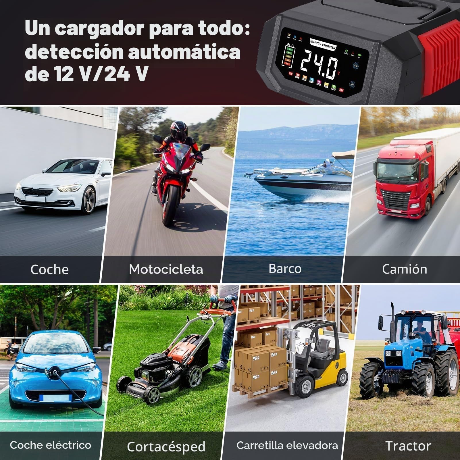 Cargador de batería de coche 12V/24V, HAUSPROFI 20A Cargador de batería inteligente para vehículos con corriente ajustable, carga de 9 etapas y modo de reparación para coche, moto, camiones