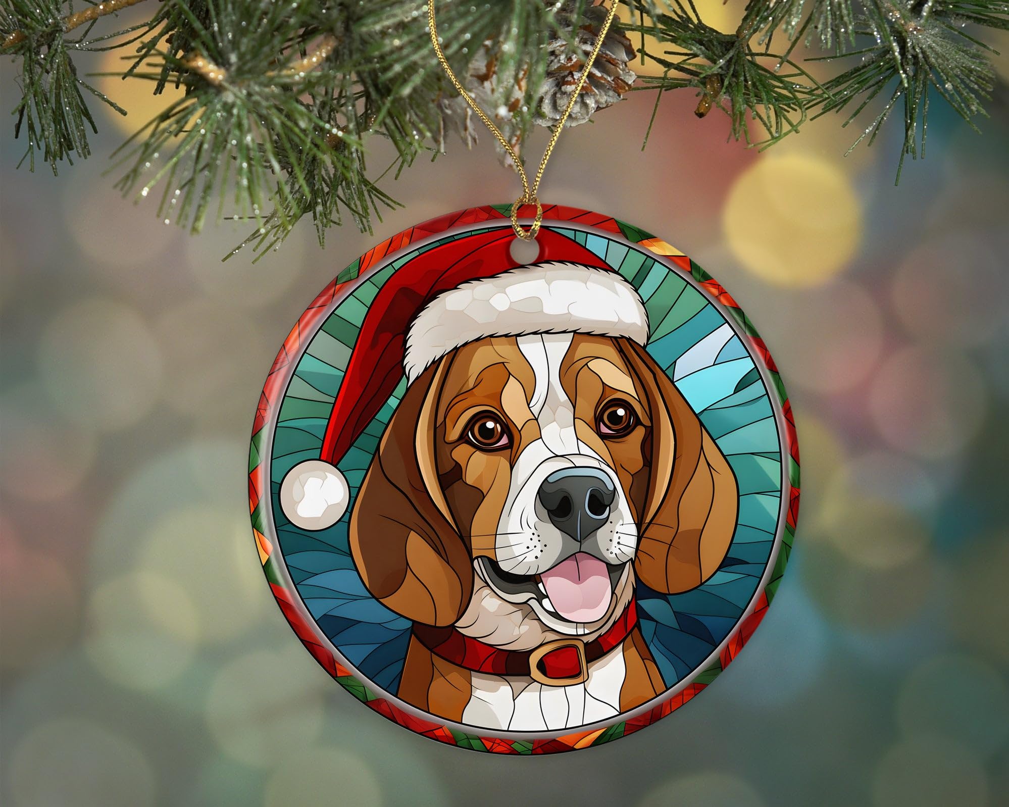 Beagle Christmas Stained Glass Ceramic Ornament, Dog Christmas Tree Hanging Ornament, Religious Gift for Christians Printed on Both Sides
