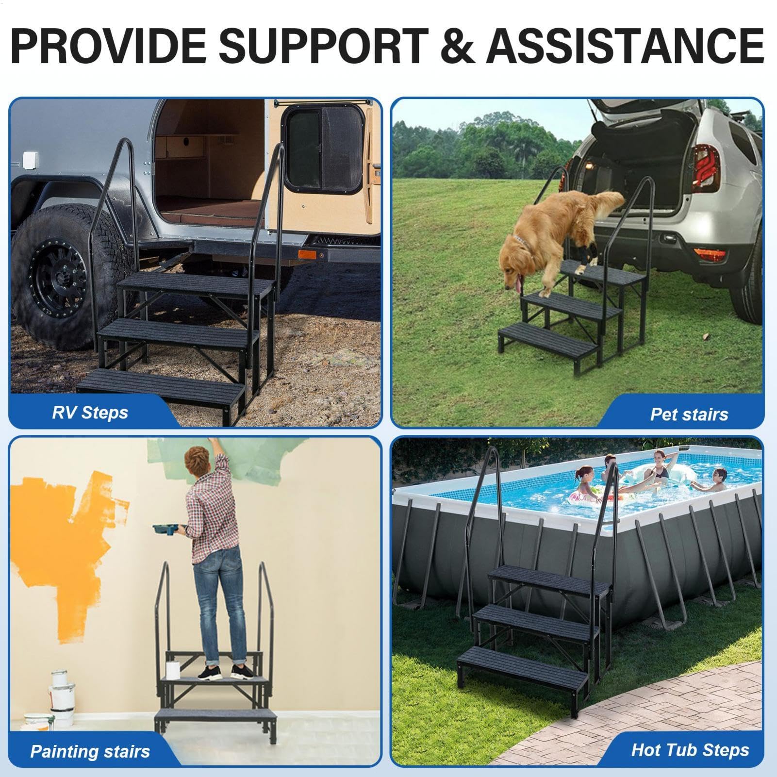Wohnmobil-Treppe, tragbare 3-stufige Wohnmobilleiter, robuste Wohnwagentreppe mit Handlauf, 200 kg, für Reiseanhänger, Spa, Haustiersicherheit