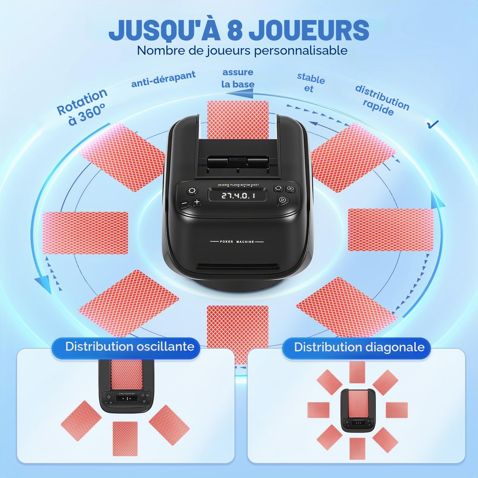 Distributeur de cartes automatique, réglable pour 8 joueurs, capacité de distributeur de cartes pour jusqu'à 4 jeux de cartes, base rotative à 360°, modes de distribution de cartes diagonales