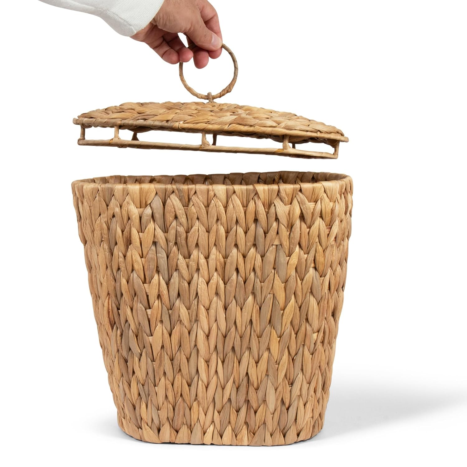 2-Pack Slim Wicker Basket with Lid – Small Waste Basket for Narrow Spaces | Rattan Decor - Handwoven Water Hyacinth Baskets and Covers | Covered Trash Can - Set of Two