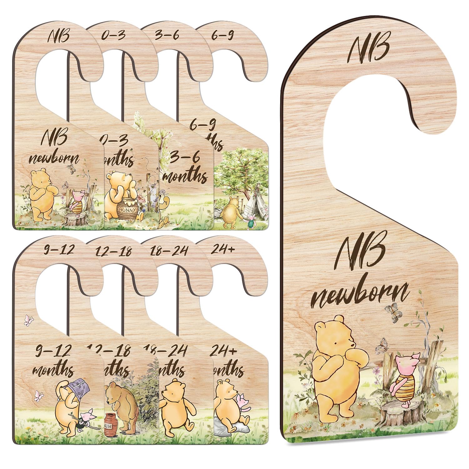 8PCS Classic Winnie Baby Closet Dividers for Newborn, the Pooh Baby Nursery Decor Wooden Hanger, Winnie Clothes Dividers for Closet, Double-Sided