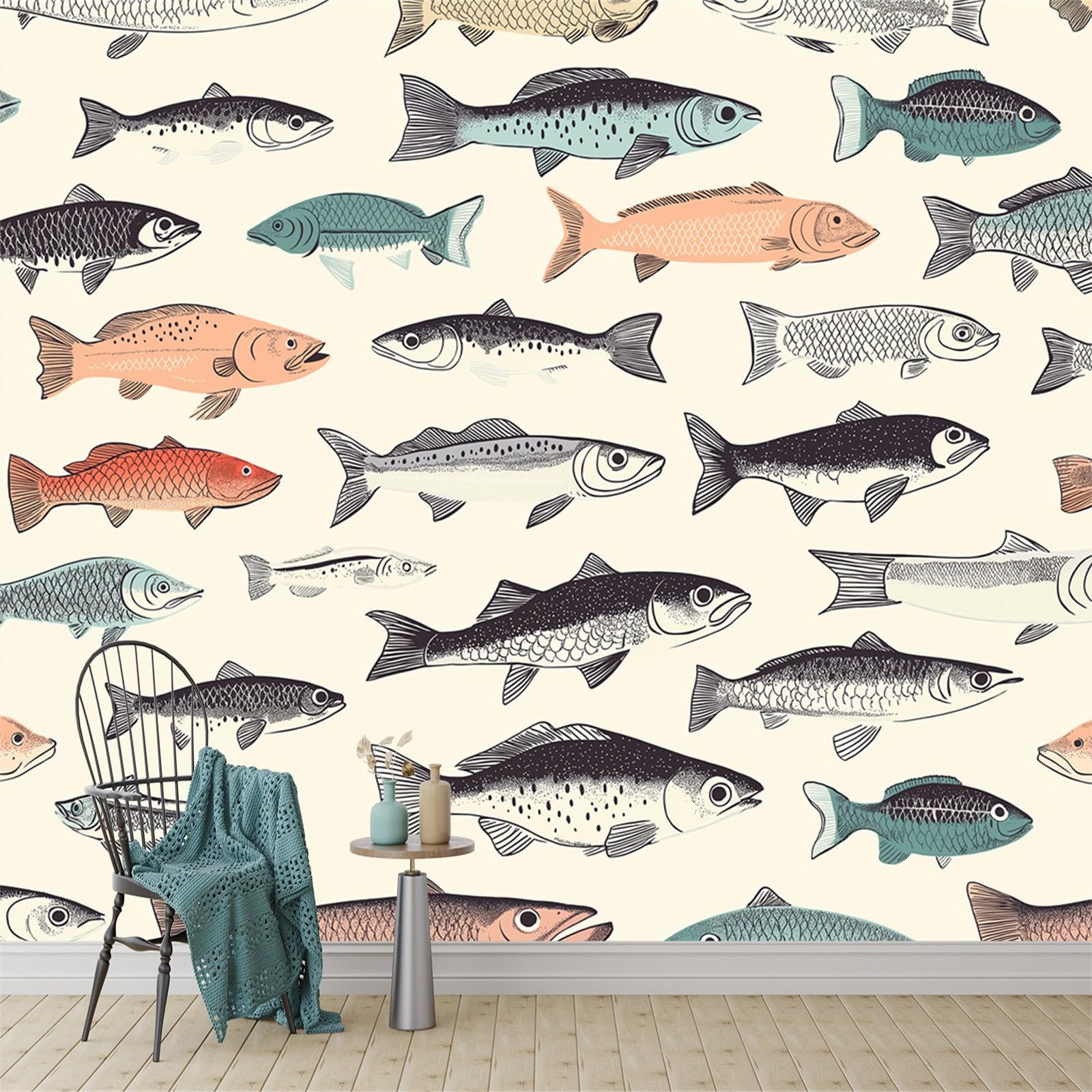 Papier peint panoramique paysage 3D jaune tapisserie poster géant poisson crème 200x140 cm