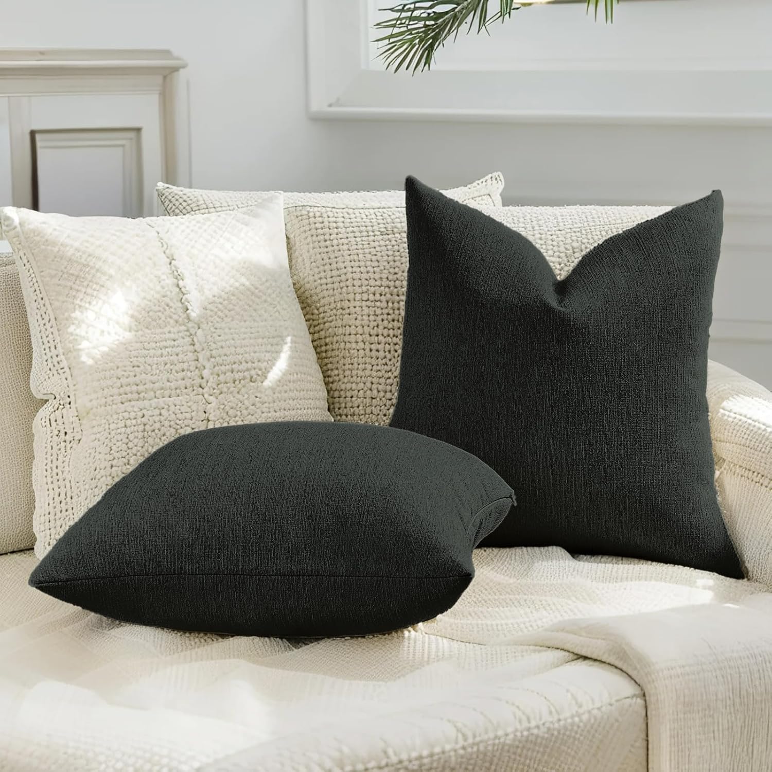 HAUSSY Black Throw Pillow Covers 18x18 Inch Set of 2,Boho Decorative Faux Linen Throw Pillows Cozy Farmhouse Accent Cushion Covers,Home Decor for Couch Sofa Bed Living Room - Image 5