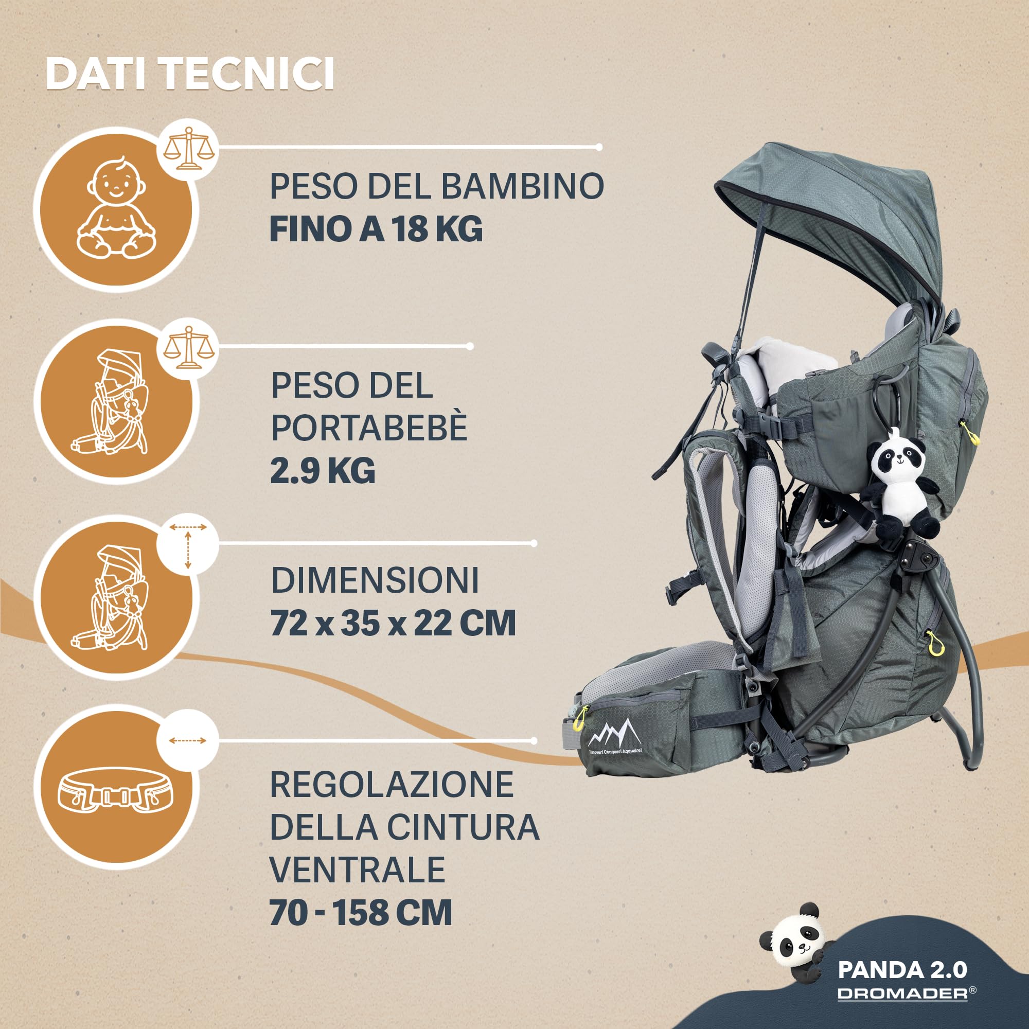 DROMADER Zaino Porta Bambino Montagna con Sedile Regolabile e Parasole Retrattile